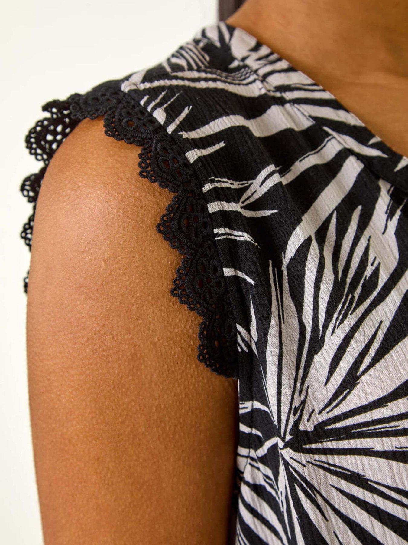 Image 5 of 5 of Roman Leaf Print Lace Detail Blouse - Black