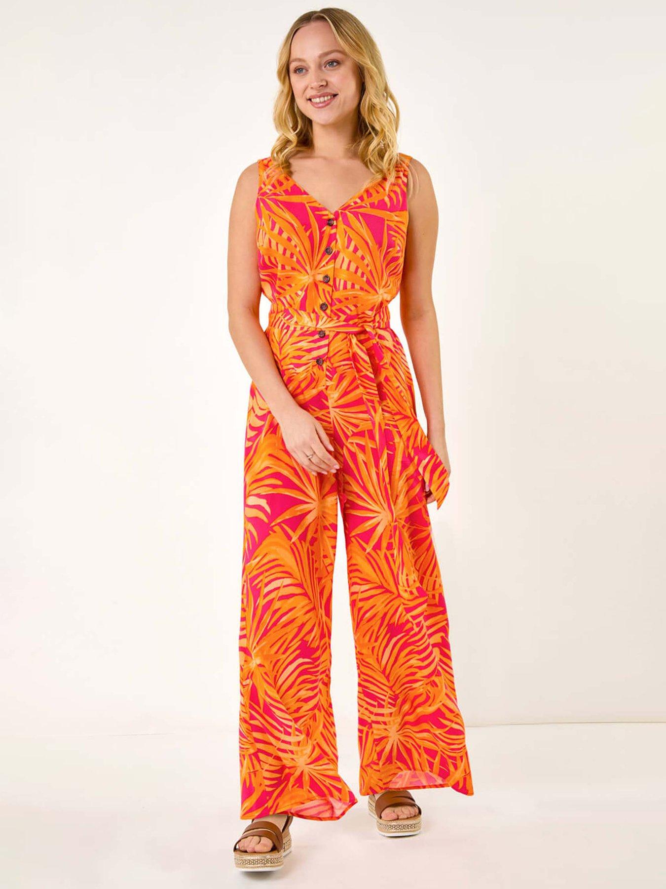 Image 1 of 5 of Roman Dusk Palm Print Belted Jumpsuit - Orange