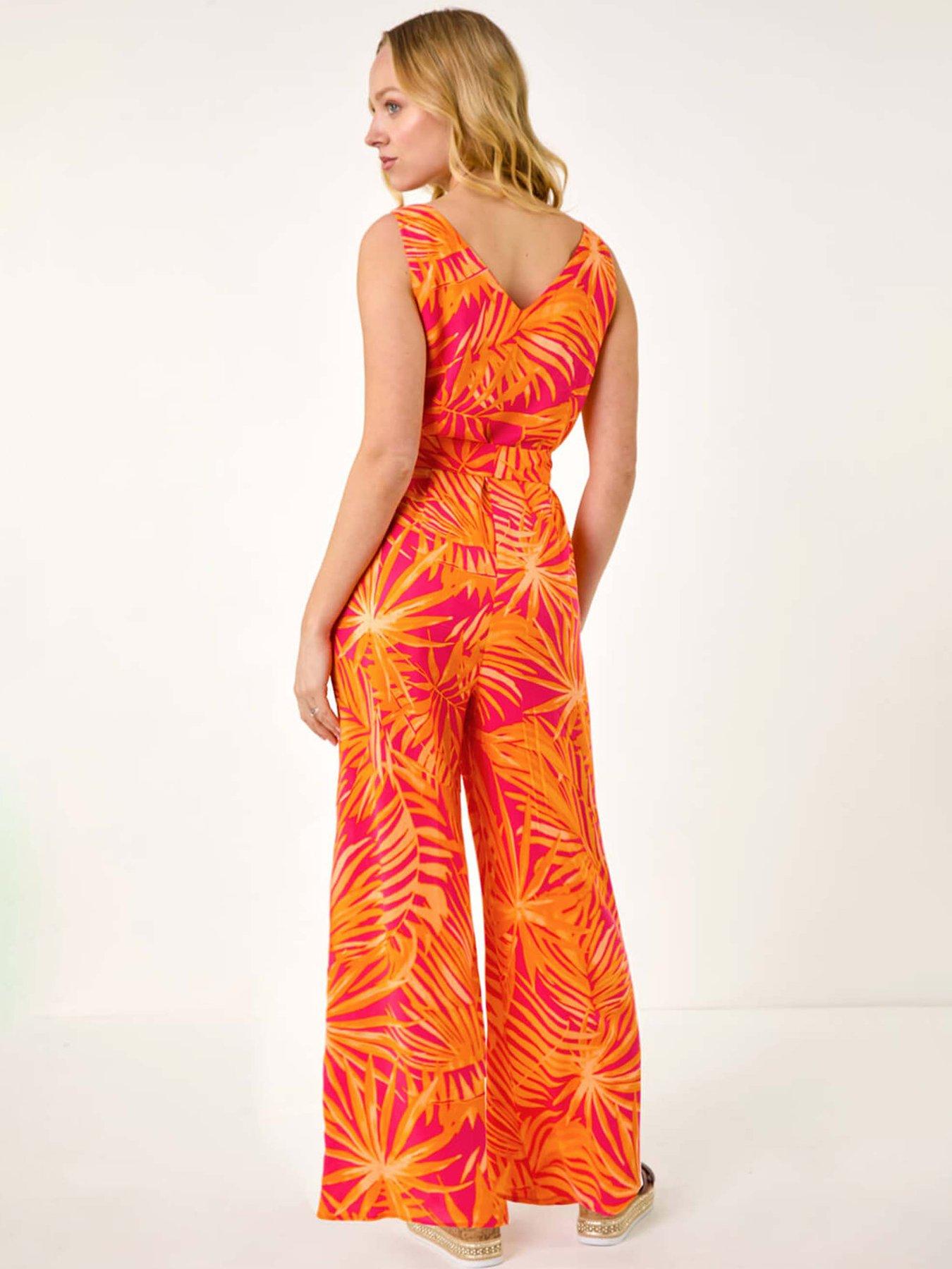 Image 2 of 5 of Roman Dusk Palm Print Belted Jumpsuit - Orange