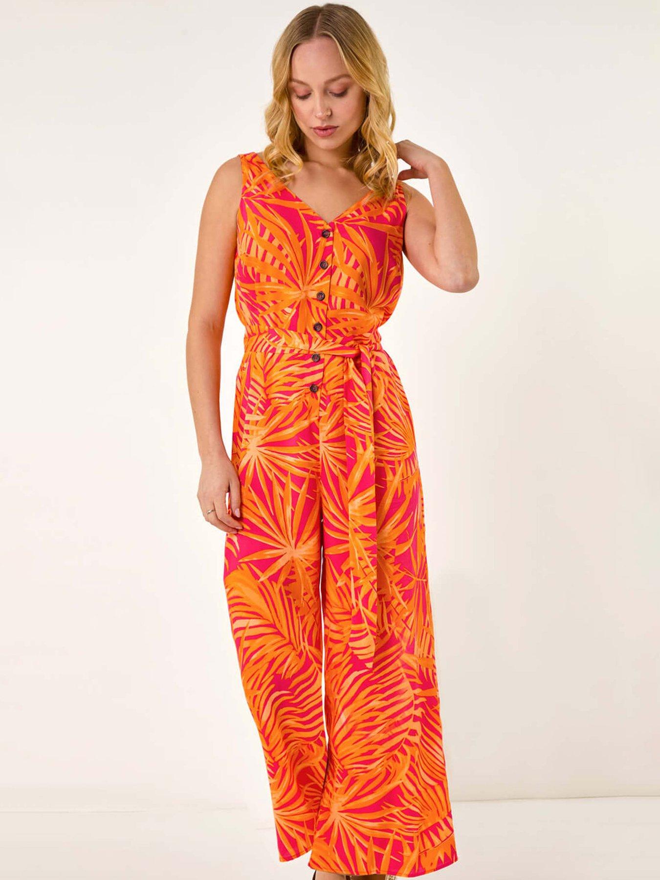 Image 3 of 5 of Roman Dusk Palm Print Belted Jumpsuit - Orange