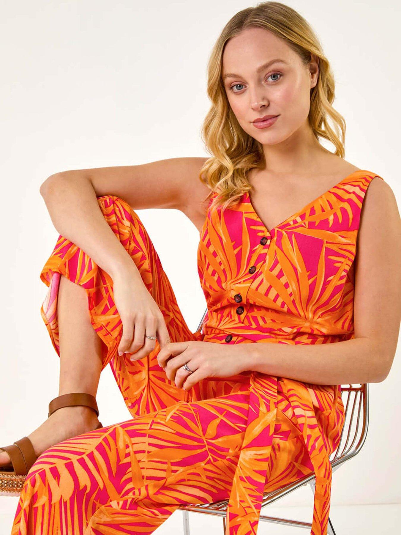 Image 4 of 5 of Roman Dusk Palm Print Belted Jumpsuit - Orange