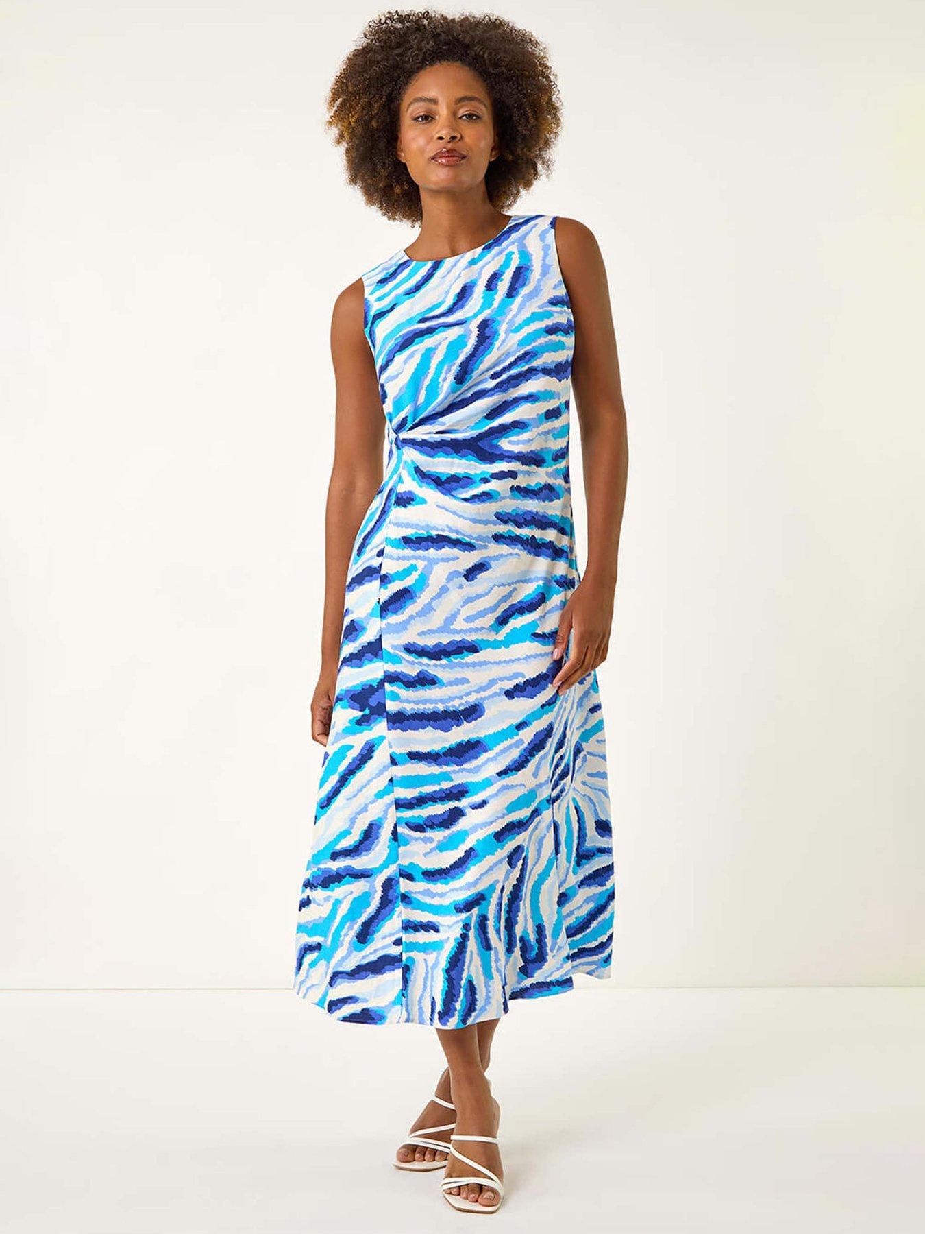Roman Abstract Side Pleat Midi Dress - Blue