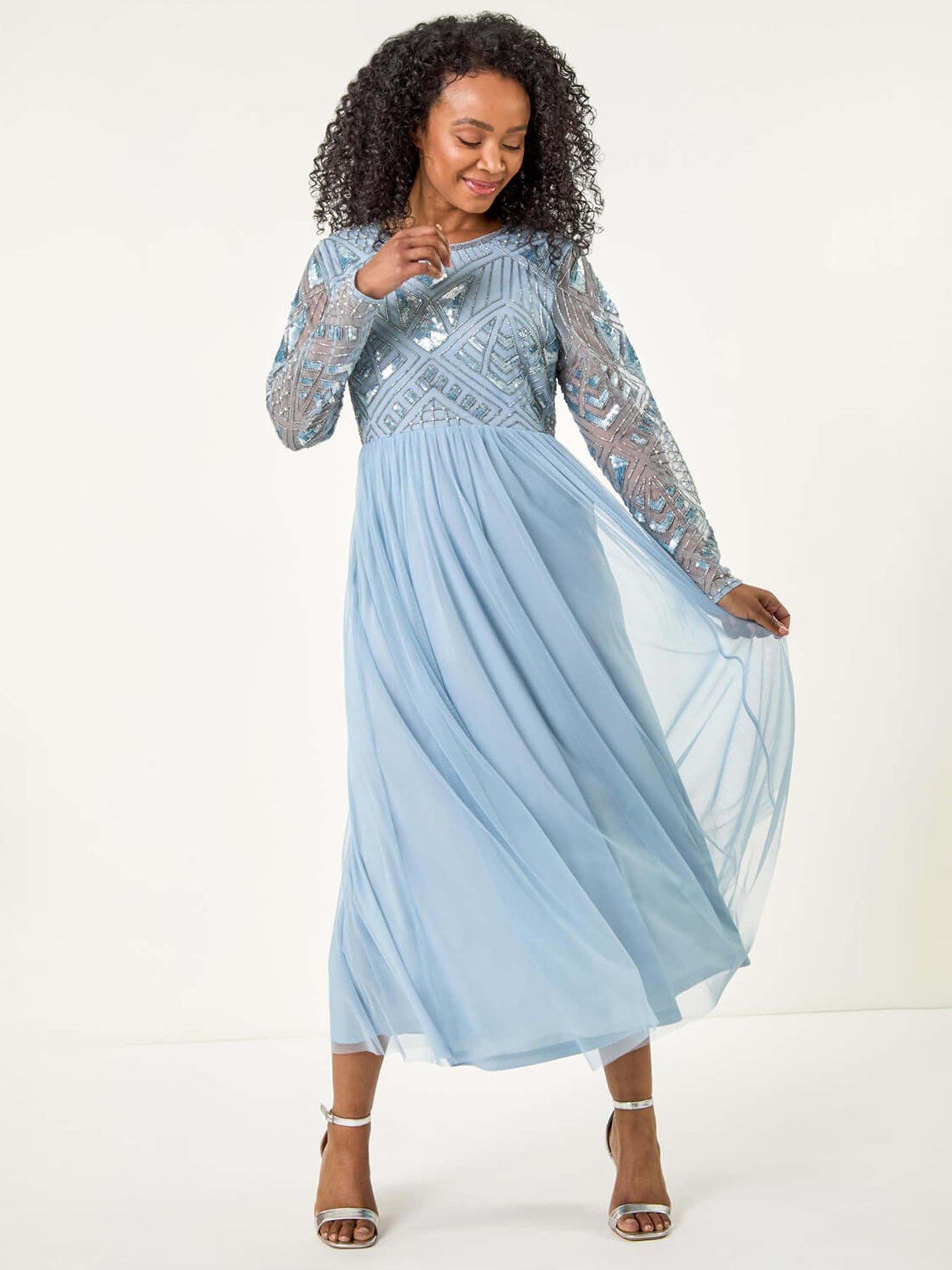Image 1 of 5 of Roman Petite Embellished Mesh Dress - Blue