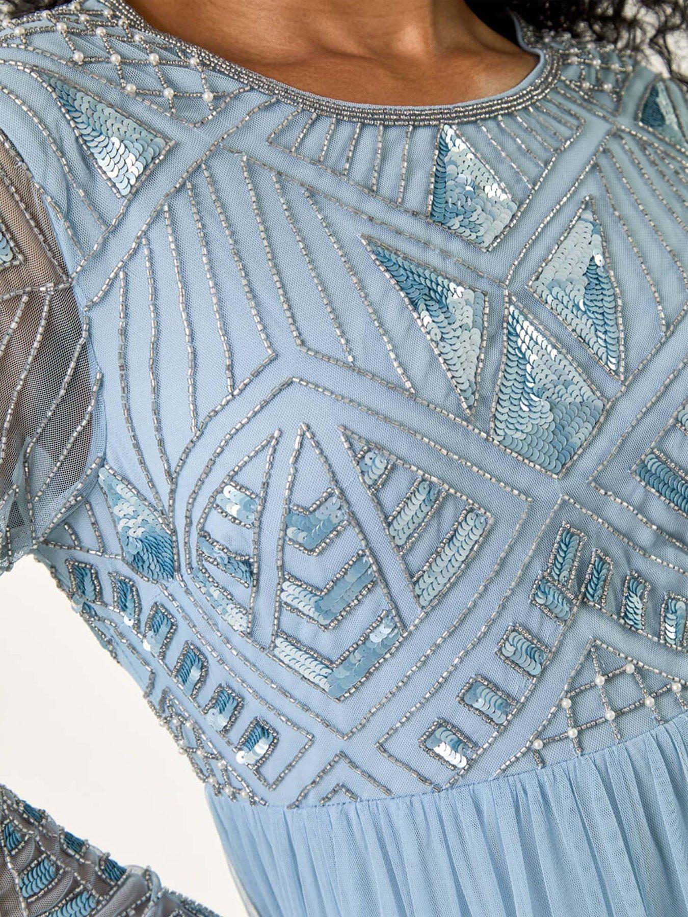 Image 5 of 5 of Roman Petite Embellished Mesh Dress - Blue