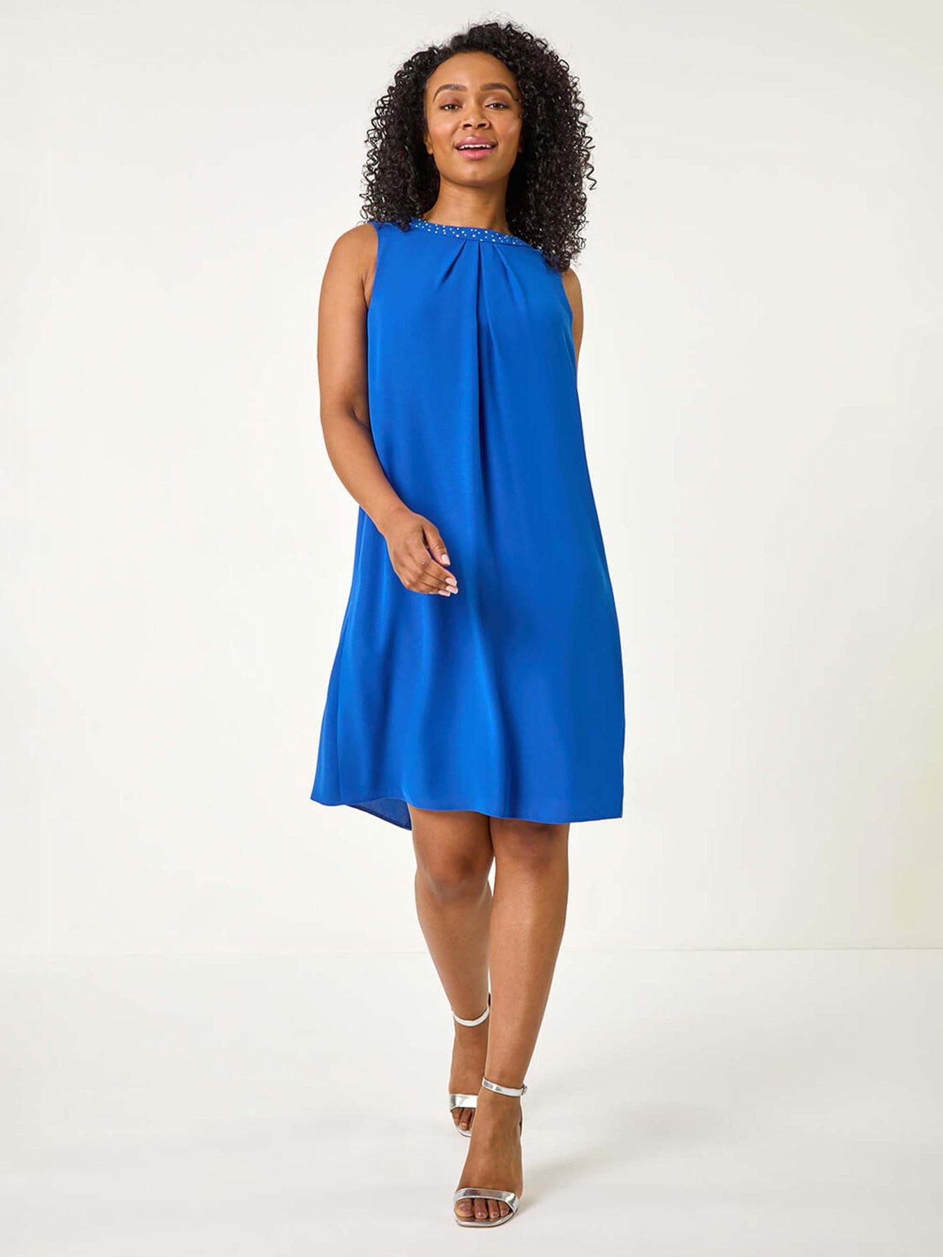 Image 1 of 5 of Roman Hotfix Trim Detail Gathered Dress - Royal Blue