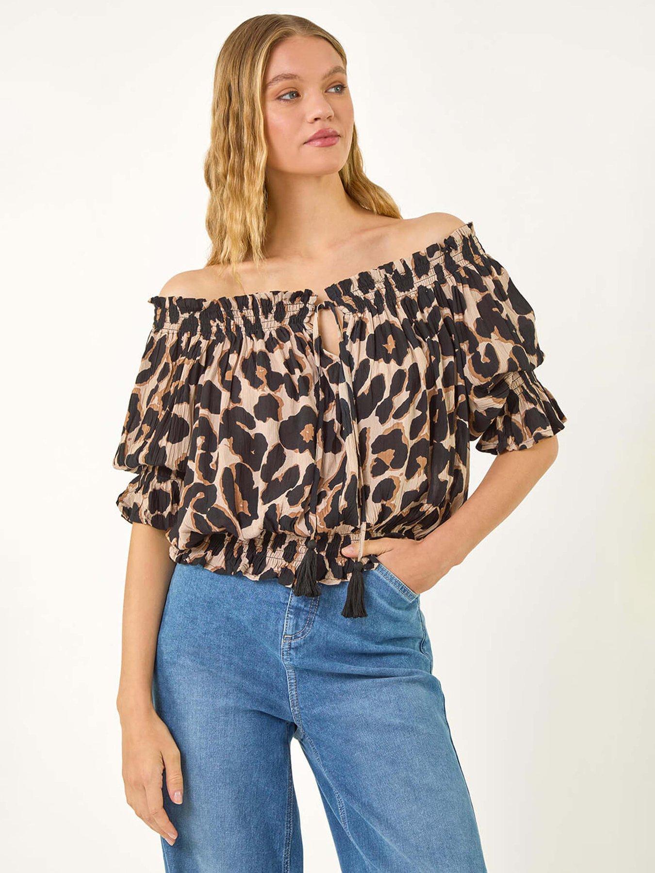 Image 1 of 5 of Roman Animal Print Key Hole Blouse - Natural
