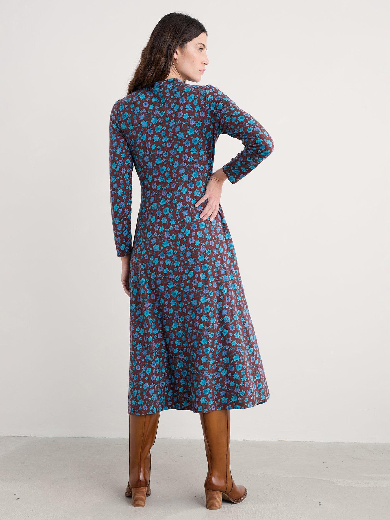  image of seasalt-cornwall-st-merryn-dress-falling-flowers-dark-rye-green