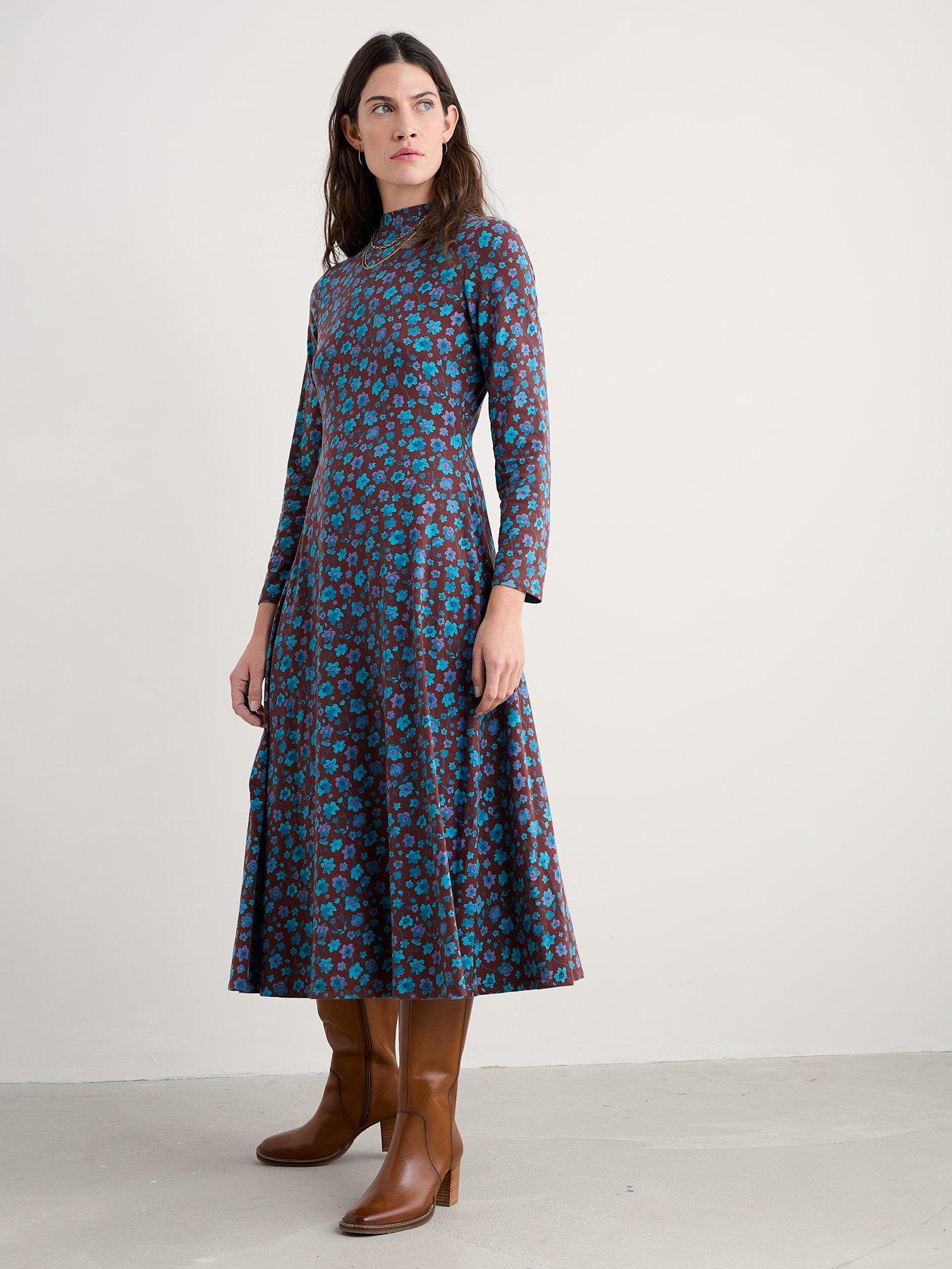  image of seasalt-cornwall-st-merryn-dress-falling-flowers-dark-rye-green