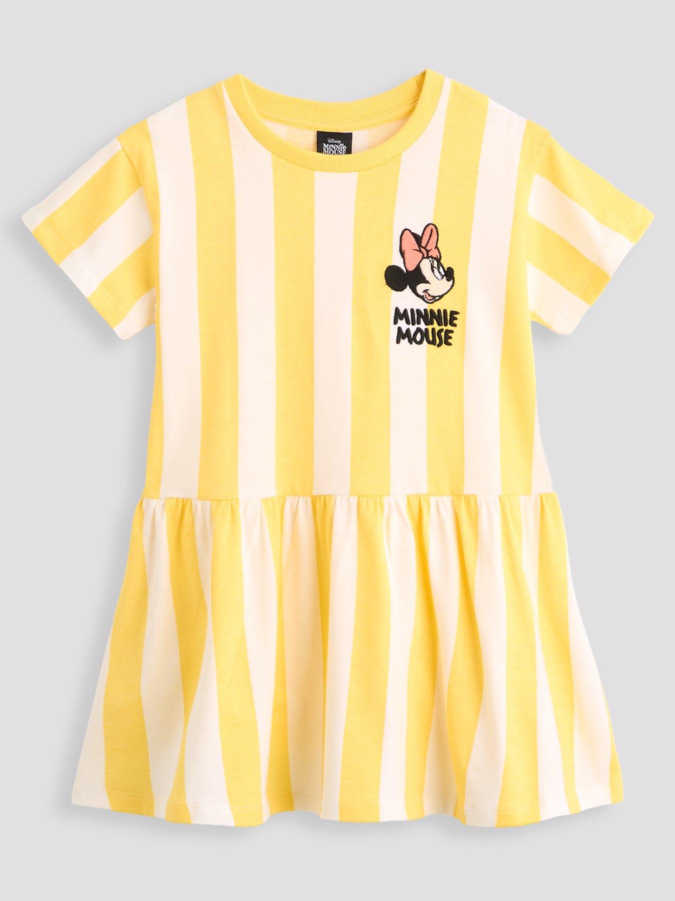 The Very Collection Minnie Mouse Short Sleeve Stripe Drop Hem Dress - Yellow