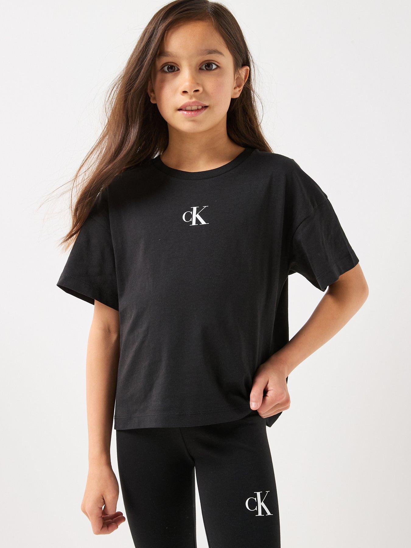 Image 1 of 5 of Calvin Klein Jeans Girls Ck Logo Short Sleeve Boxy T-Shirt - Black