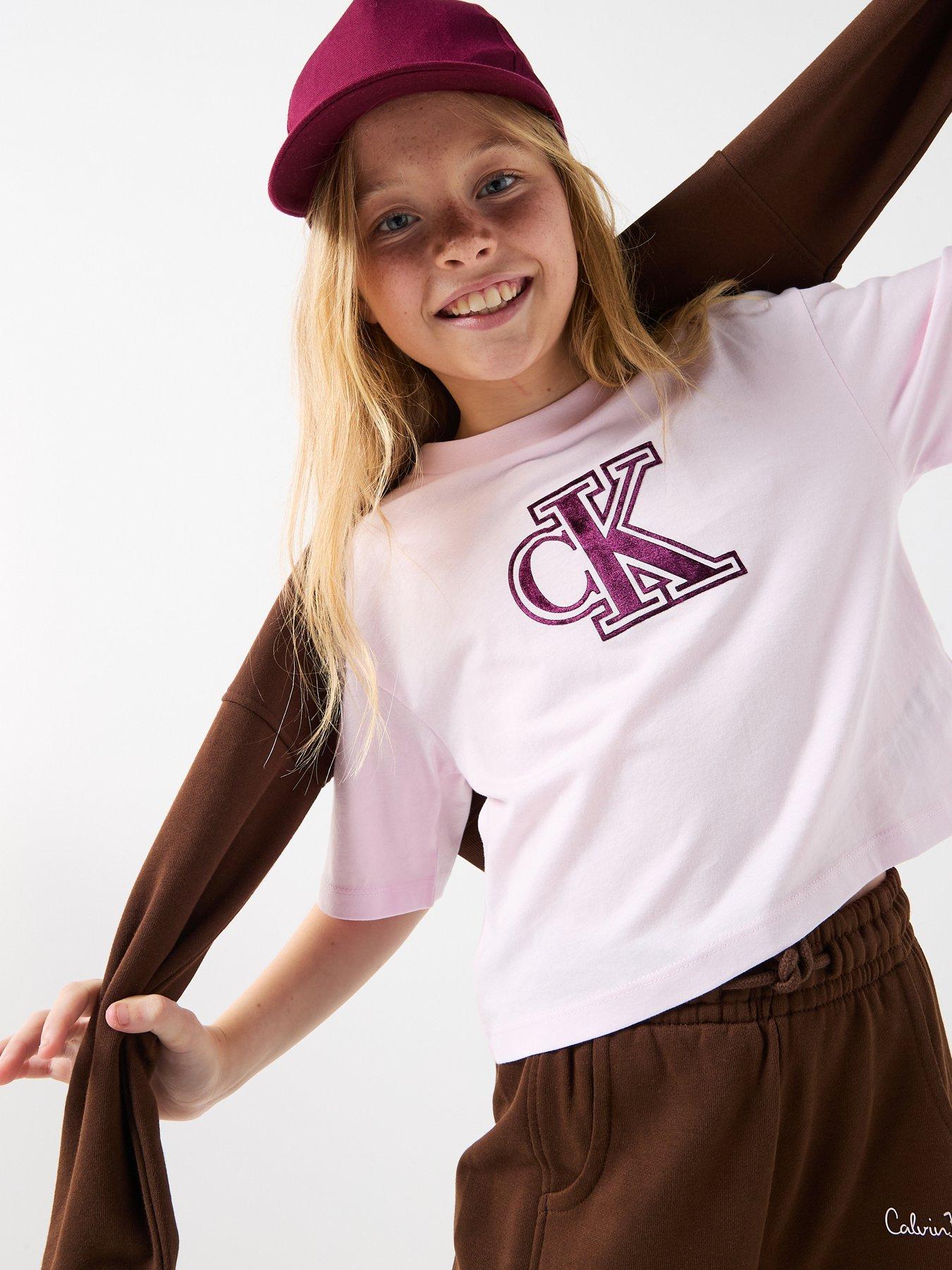 Calvin Klein Jeans Girls Velvet Monogram Boxy Short Sleeve T-Shirt - Pink