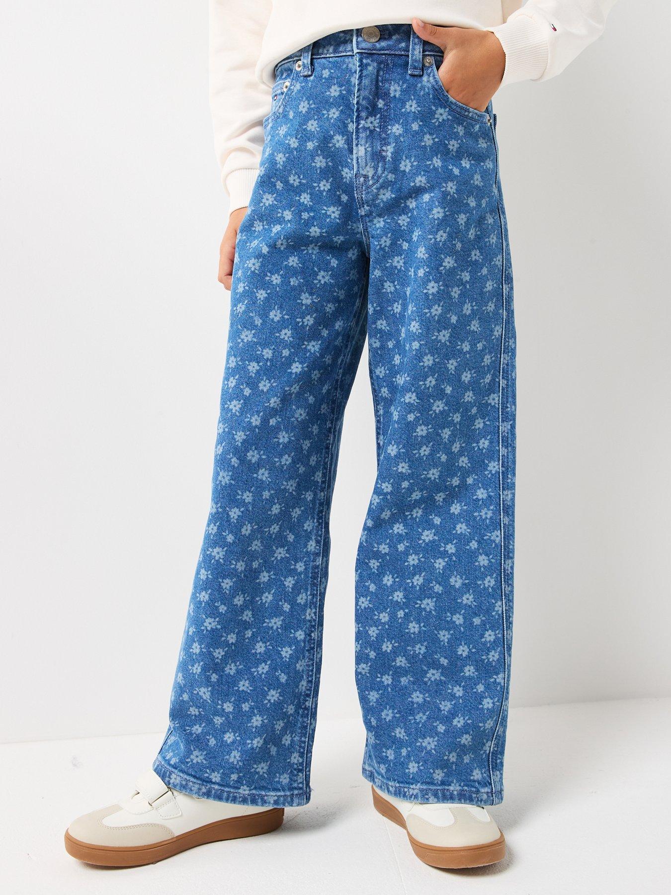 Tommy Hilfiger Girls Mabel Wide Leg Flower AOP Jeans - Blue