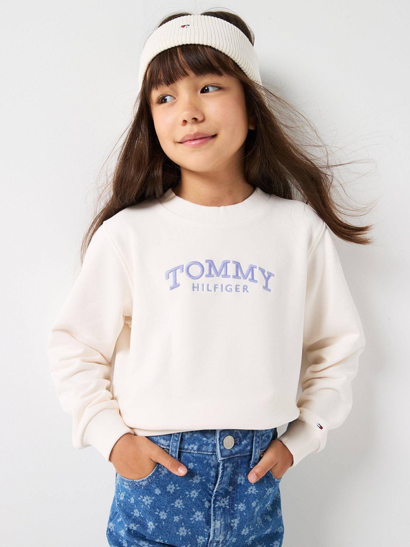 front image of tommy-hilfiger-girls-high-rib-hem-crew-neck-cream