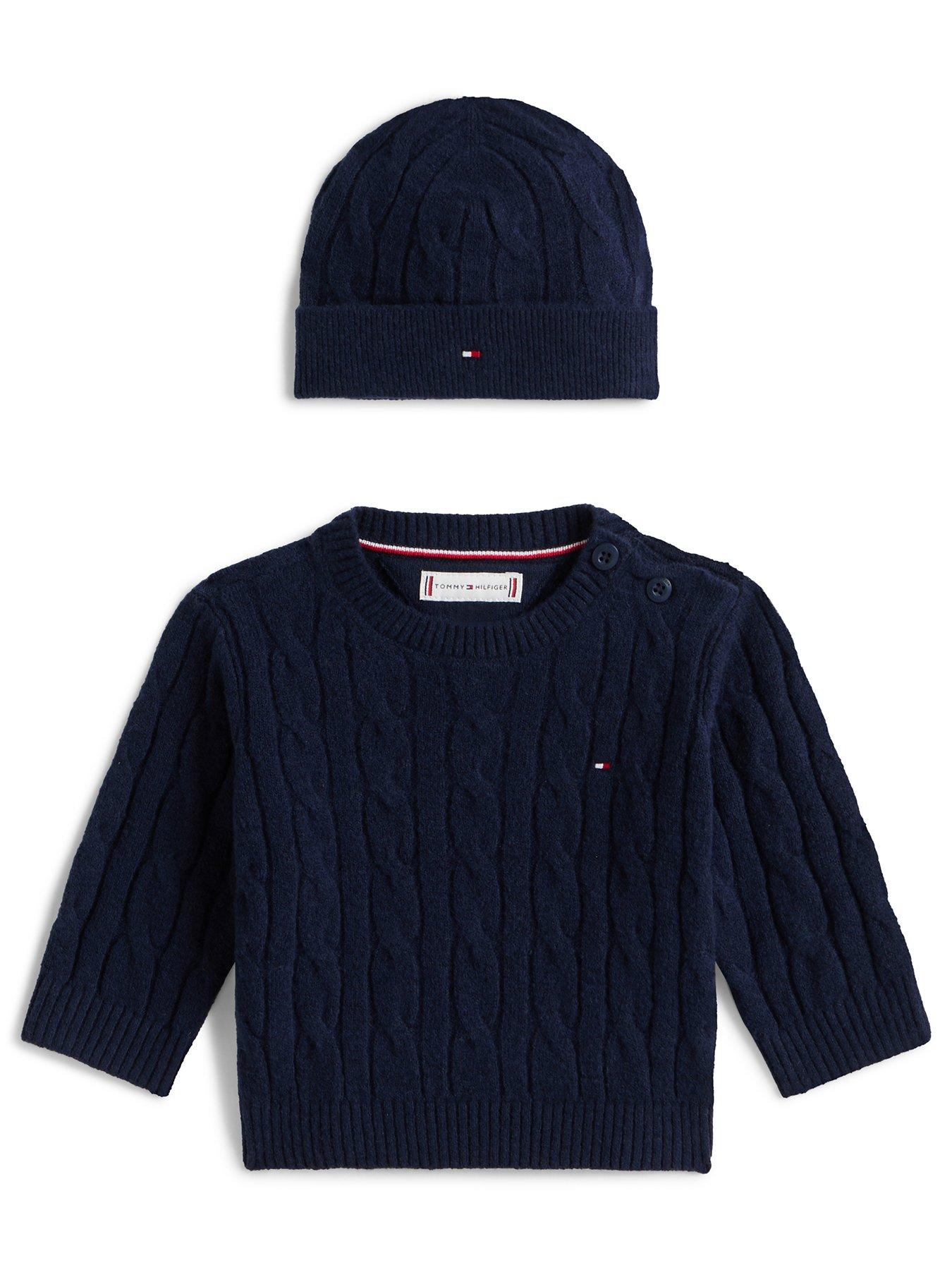 Image 1 of 2 of Tommy Hilfiger Baby Cable Crew Neck Jumper And Beanie Hat Set - Navy