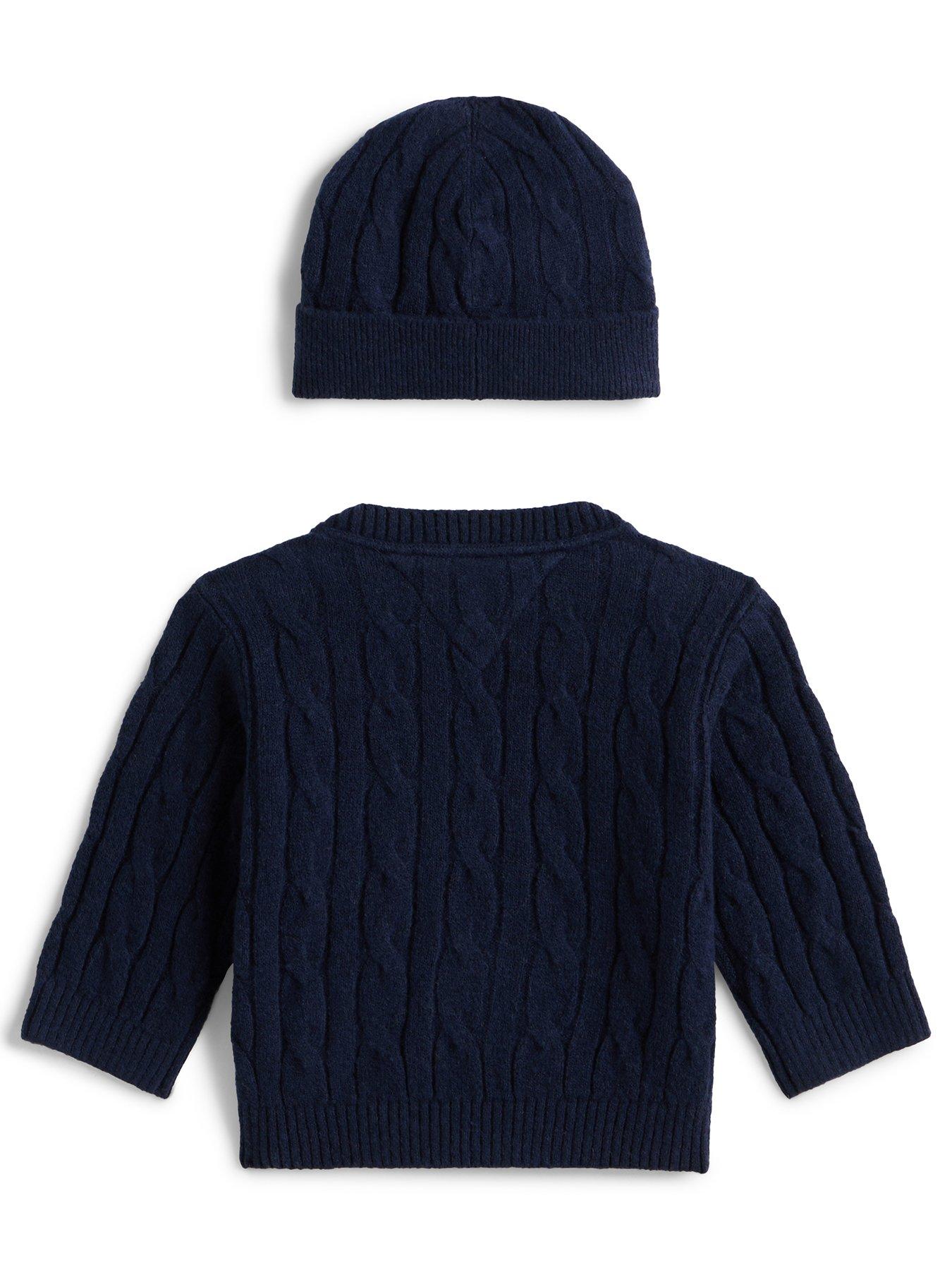 Image 2 of 2 of Tommy Hilfiger Baby Cable Crew Neck Jumper And Beanie Hat Set - Navy