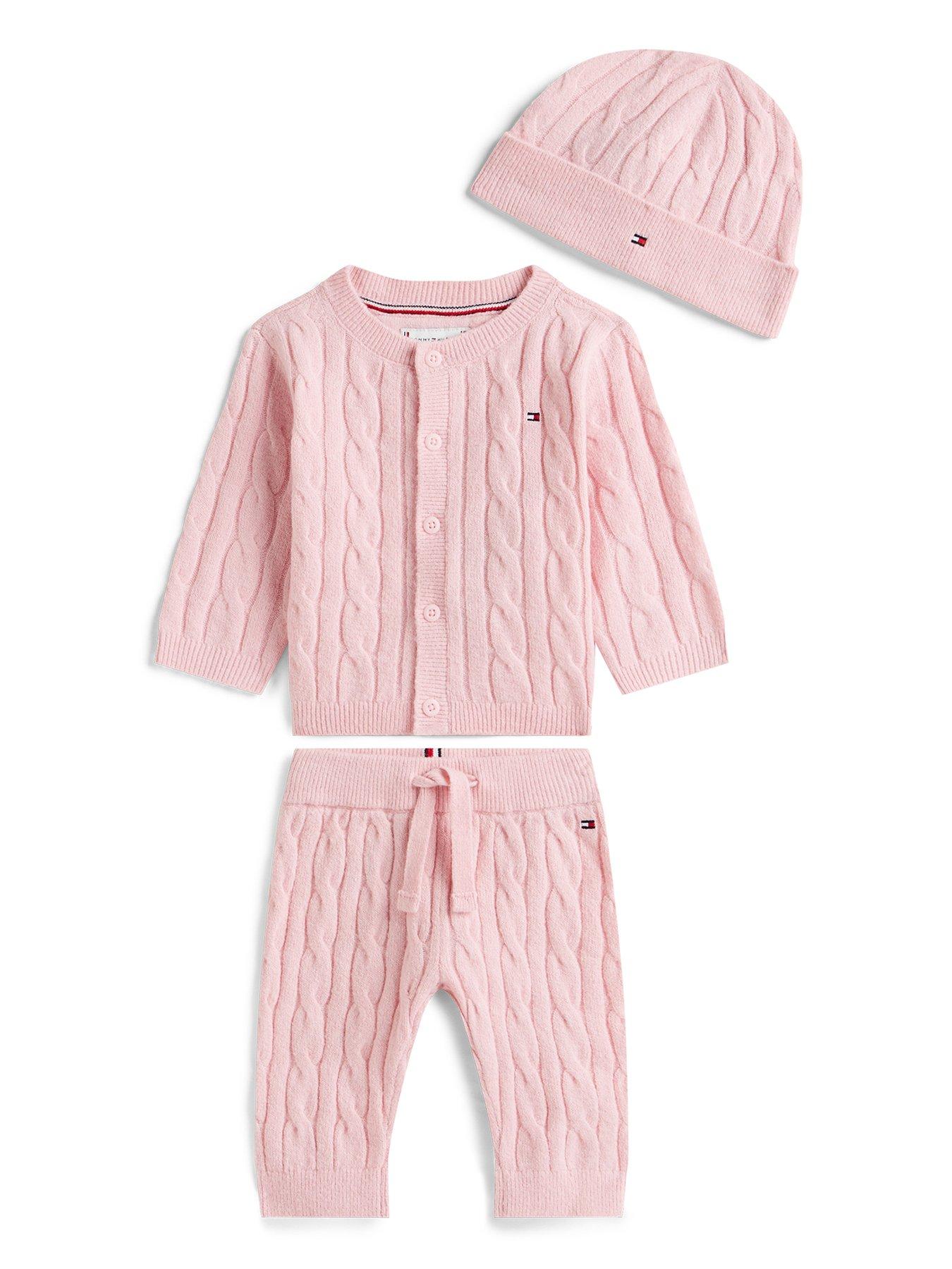 Tommy Hilfiger Baby Girls Cable Top And Pant Set With Beanie - Pink