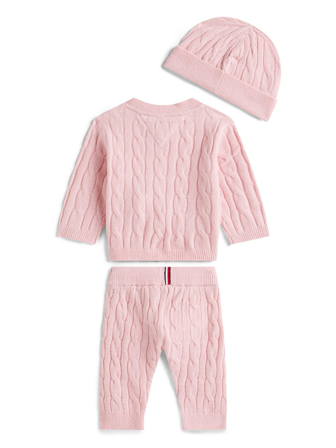  image of tommy-hilfiger-baby-girls-cable-top-and-pant-set-with-beanie-pink