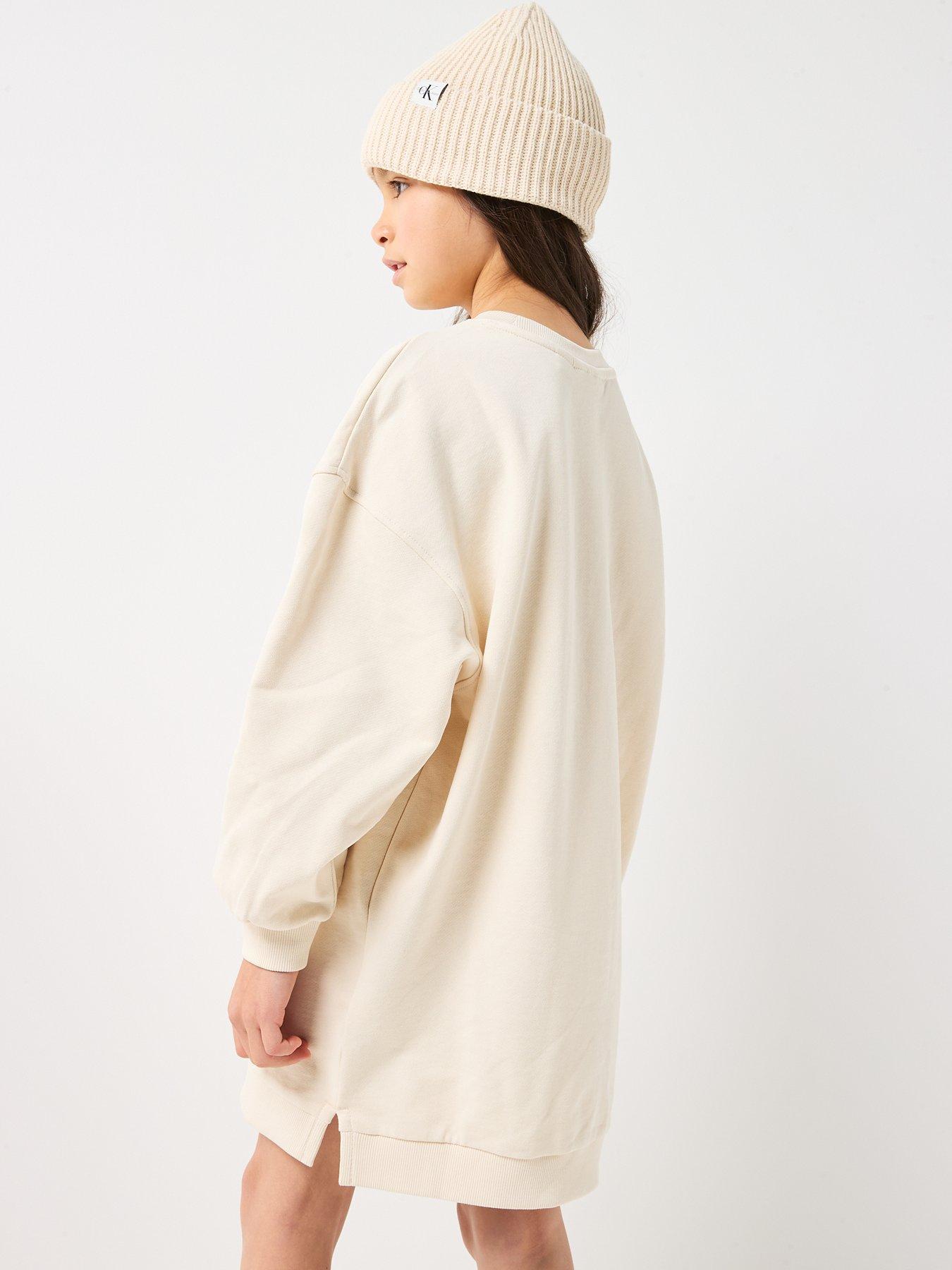 Image 2 of 5 of Calvin Klein Jeans Girls Glitter Long Sleeve Sweat Dress - Cream