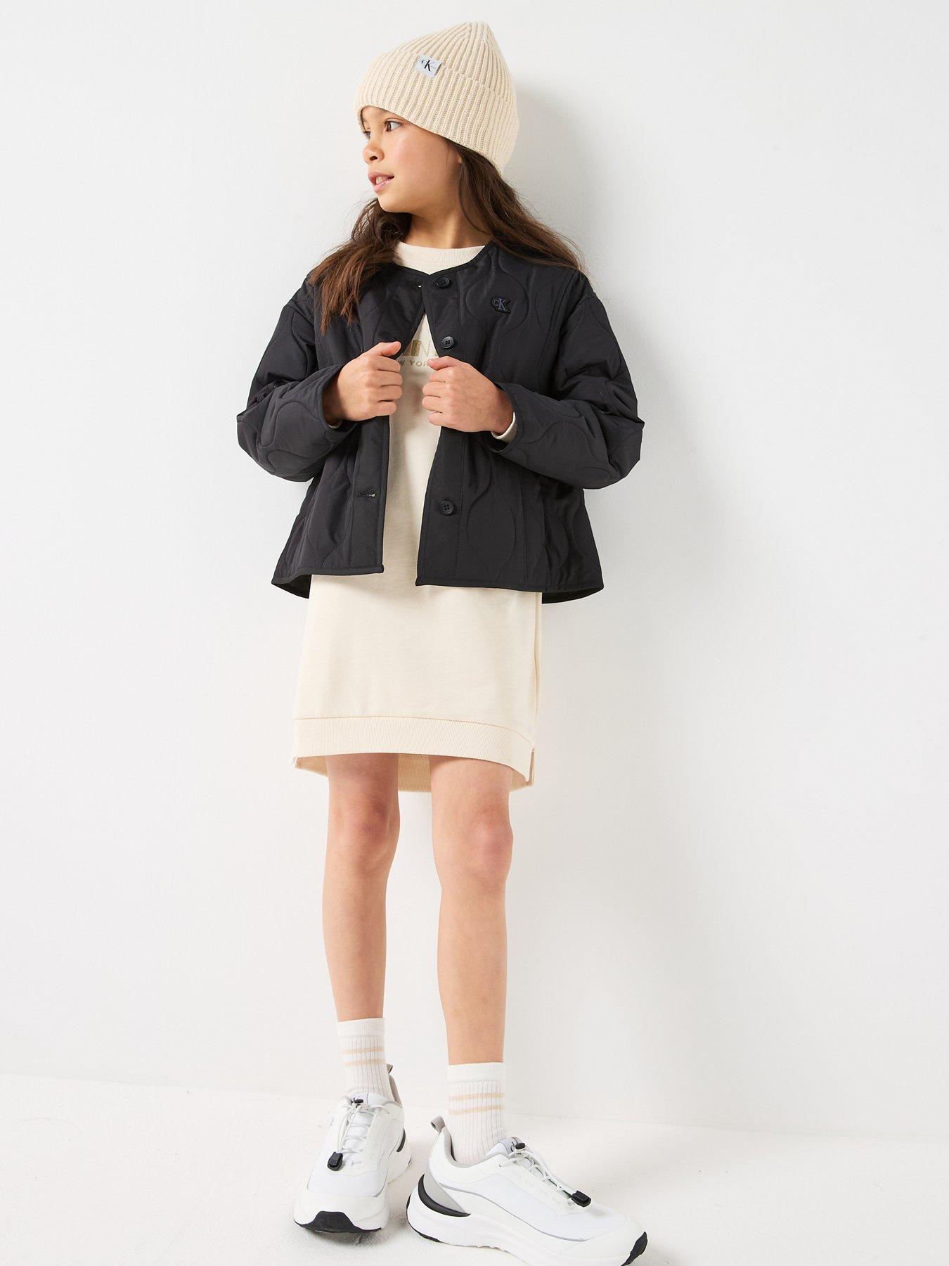 Image 3 of 5 of Calvin Klein Jeans Girls Glitter Long Sleeve Sweat Dress - Cream