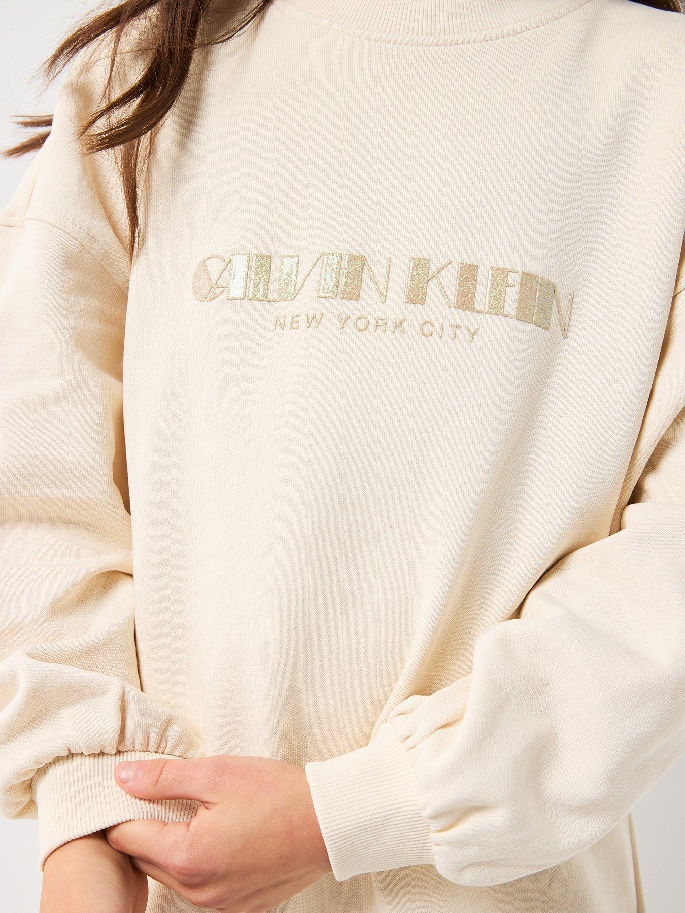 Image 4 of 5 of Calvin Klein Jeans Girls Glitter Long Sleeve Sweat Dress - Cream