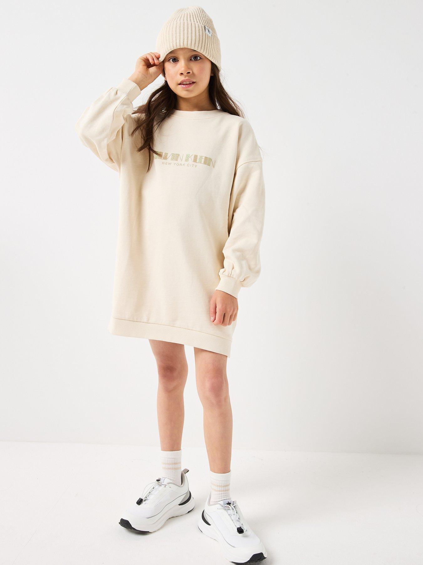 Image 5 of 5 of Calvin Klein Jeans Girls Glitter Long Sleeve Sweat Dress - Cream