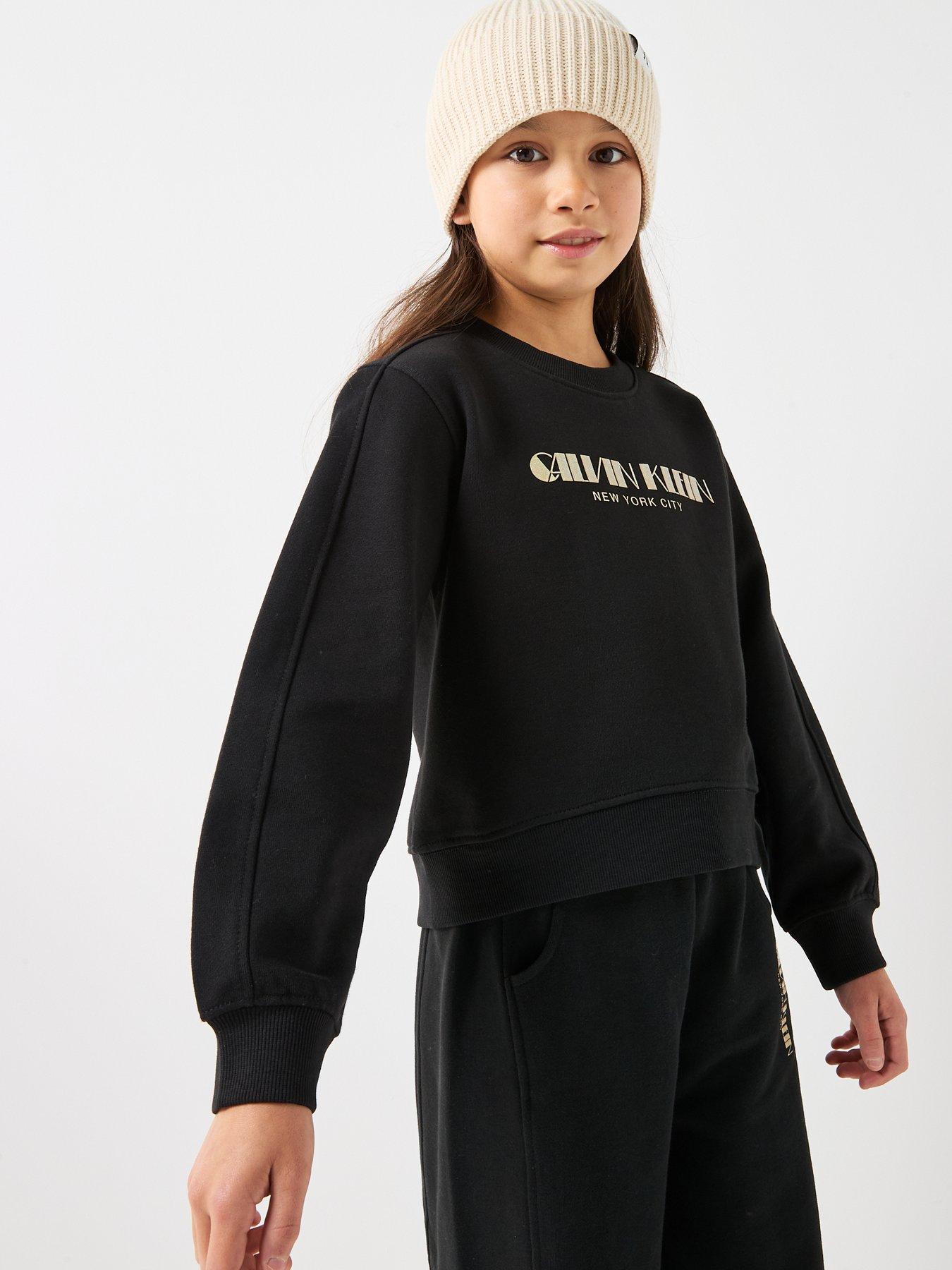  image of calvin-klein-jeans-girls-glitter-crew-neck-sweatshirt-black