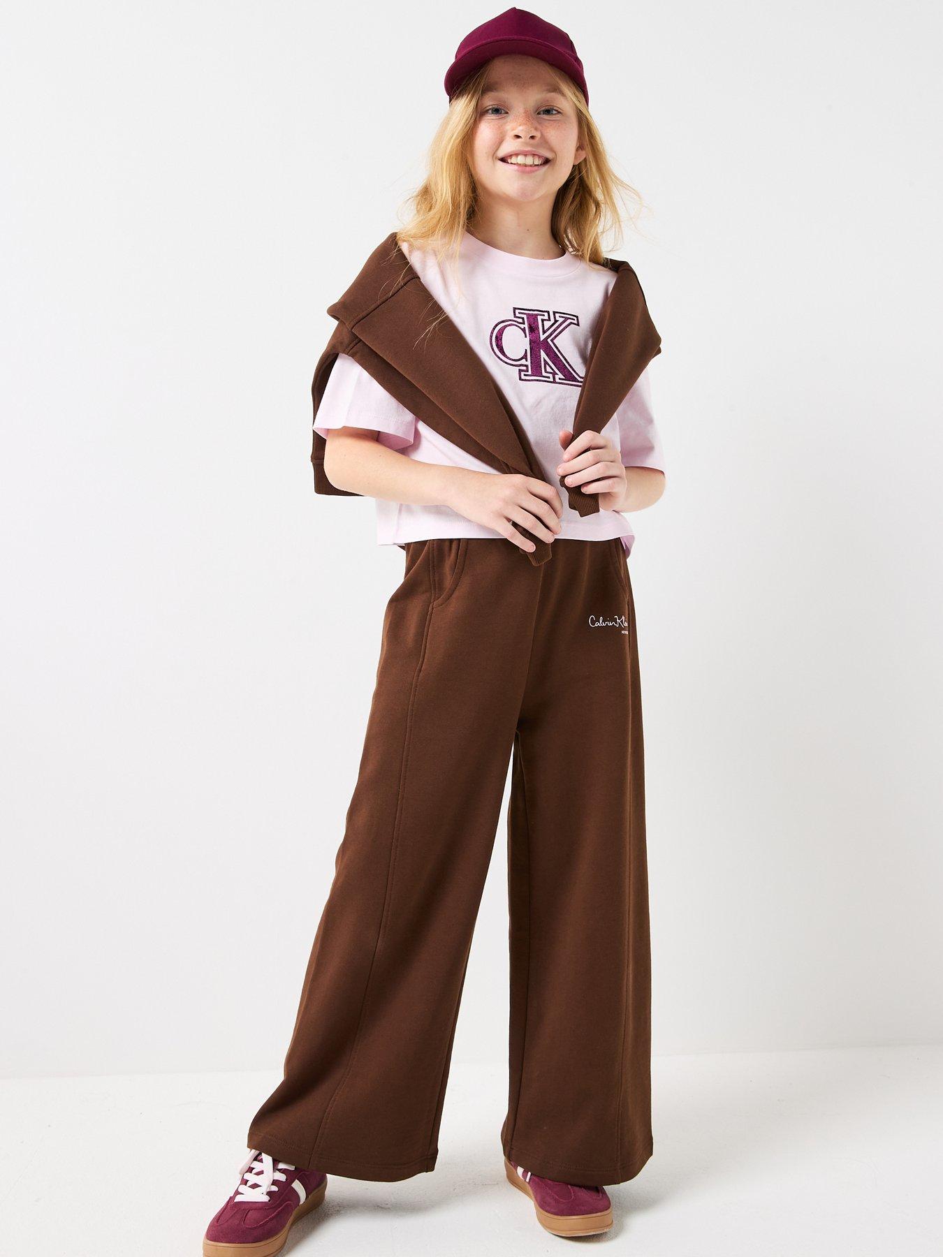 Image 3 of 6 of Calvin Klein Jeans Girls Signature Wide Leg Pants - Brown