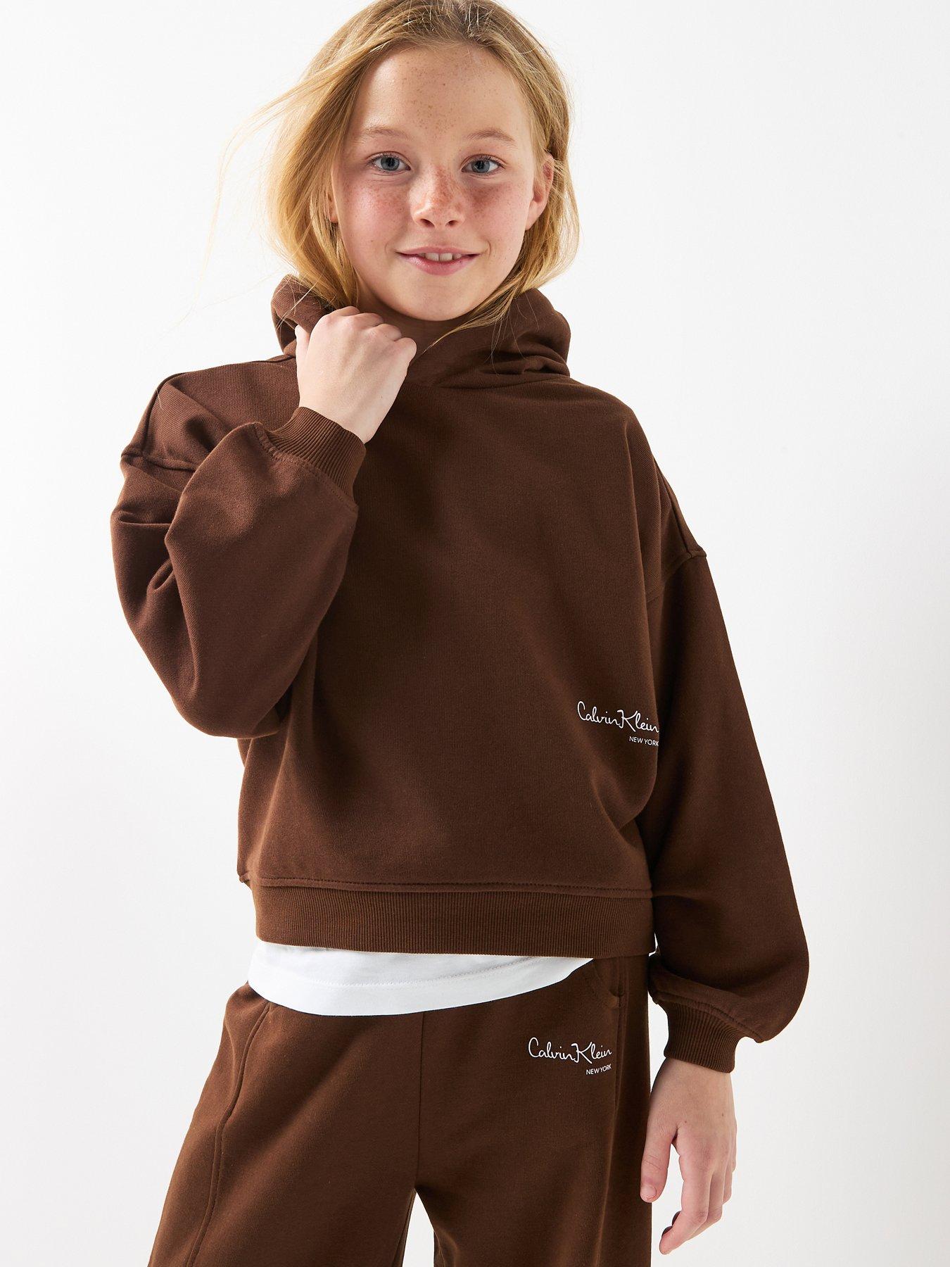 front image of calvin-klein-jeans-girls-signature-hoodie-brown