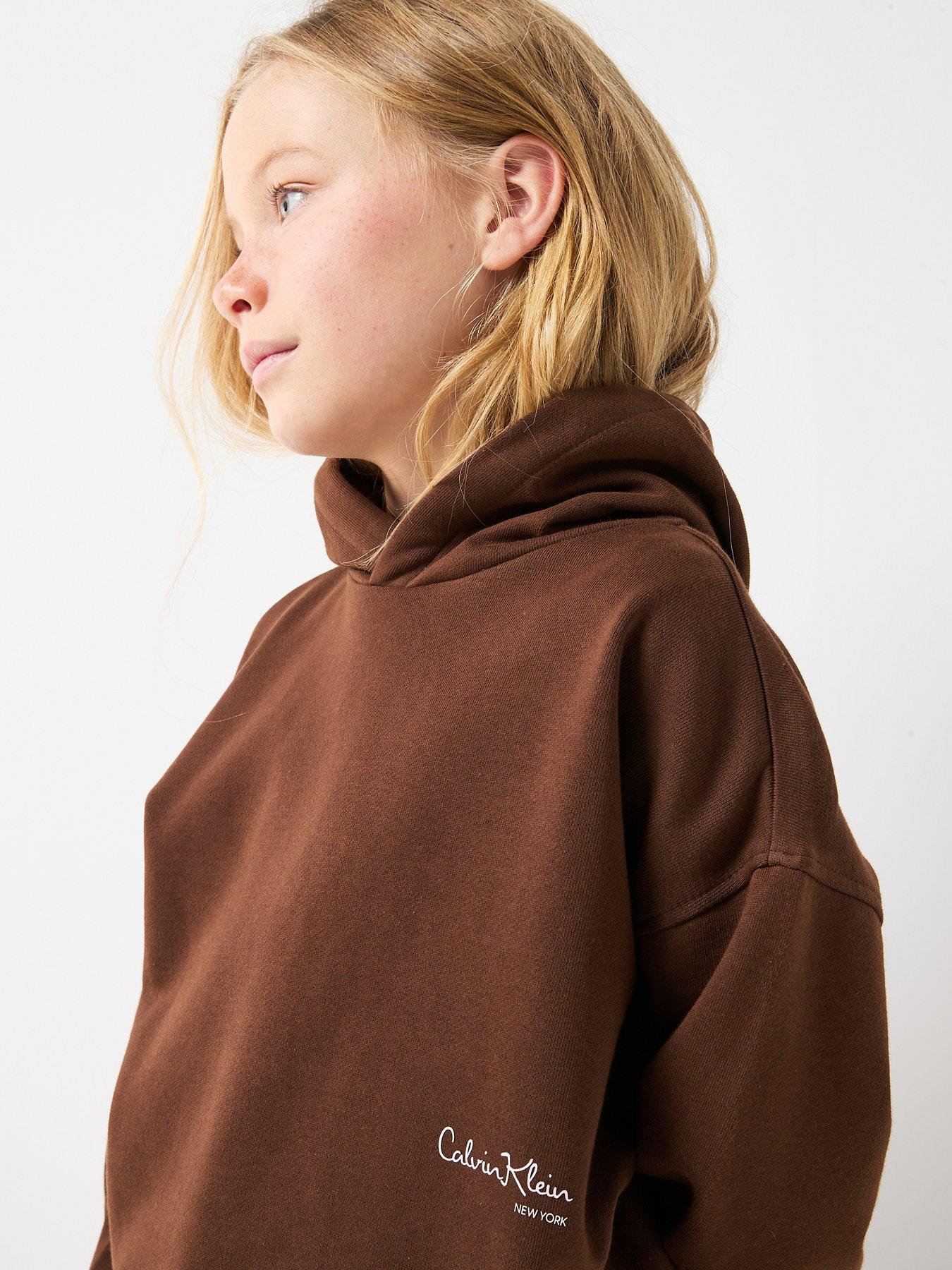  image of calvin-klein-jeans-girls-signature-hoodie-brown