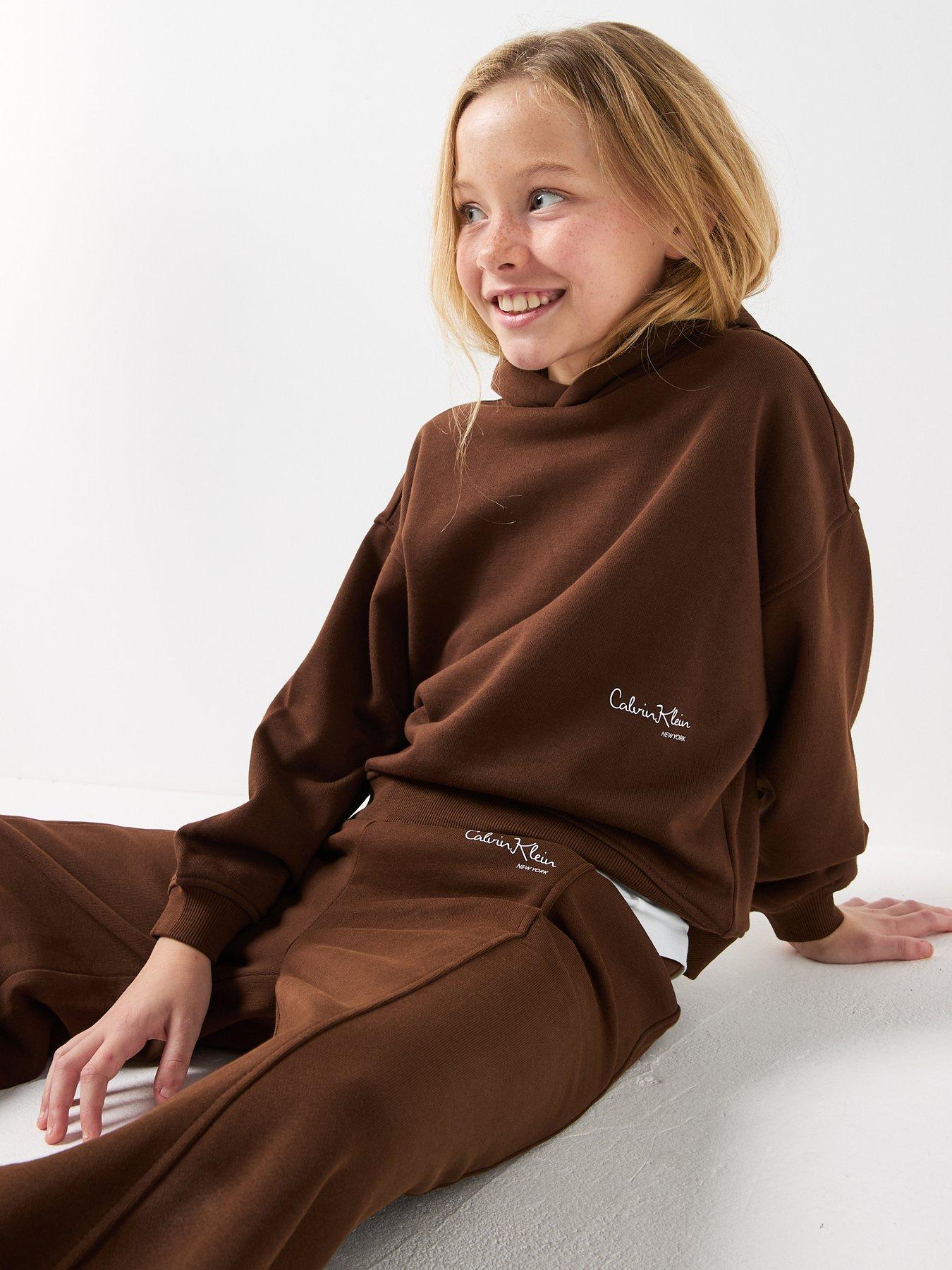  image of calvin-klein-jeans-girls-signature-hoodie-brown