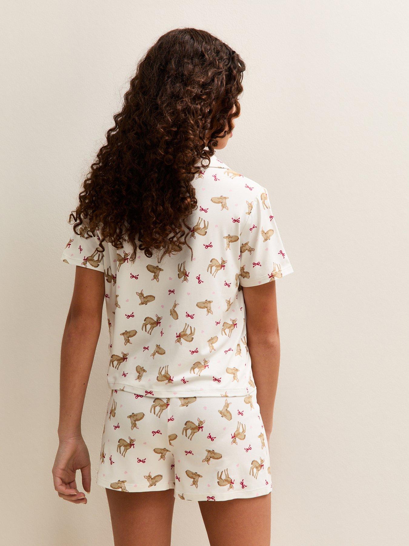  image of new-look-915-girls-reindeer-print-shirt-and-shorts-pyjama-set-cream