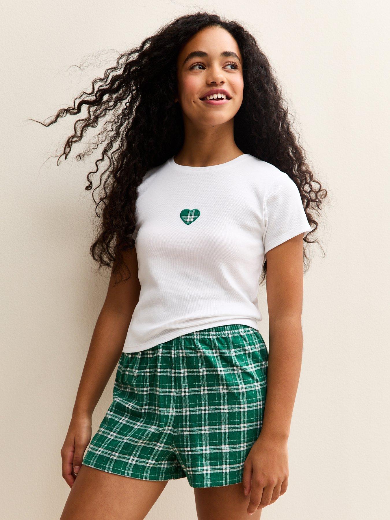 Image 1 of 6 of New Look 915 Girls Check T-shirt And Shorts Pyjama Set - Green