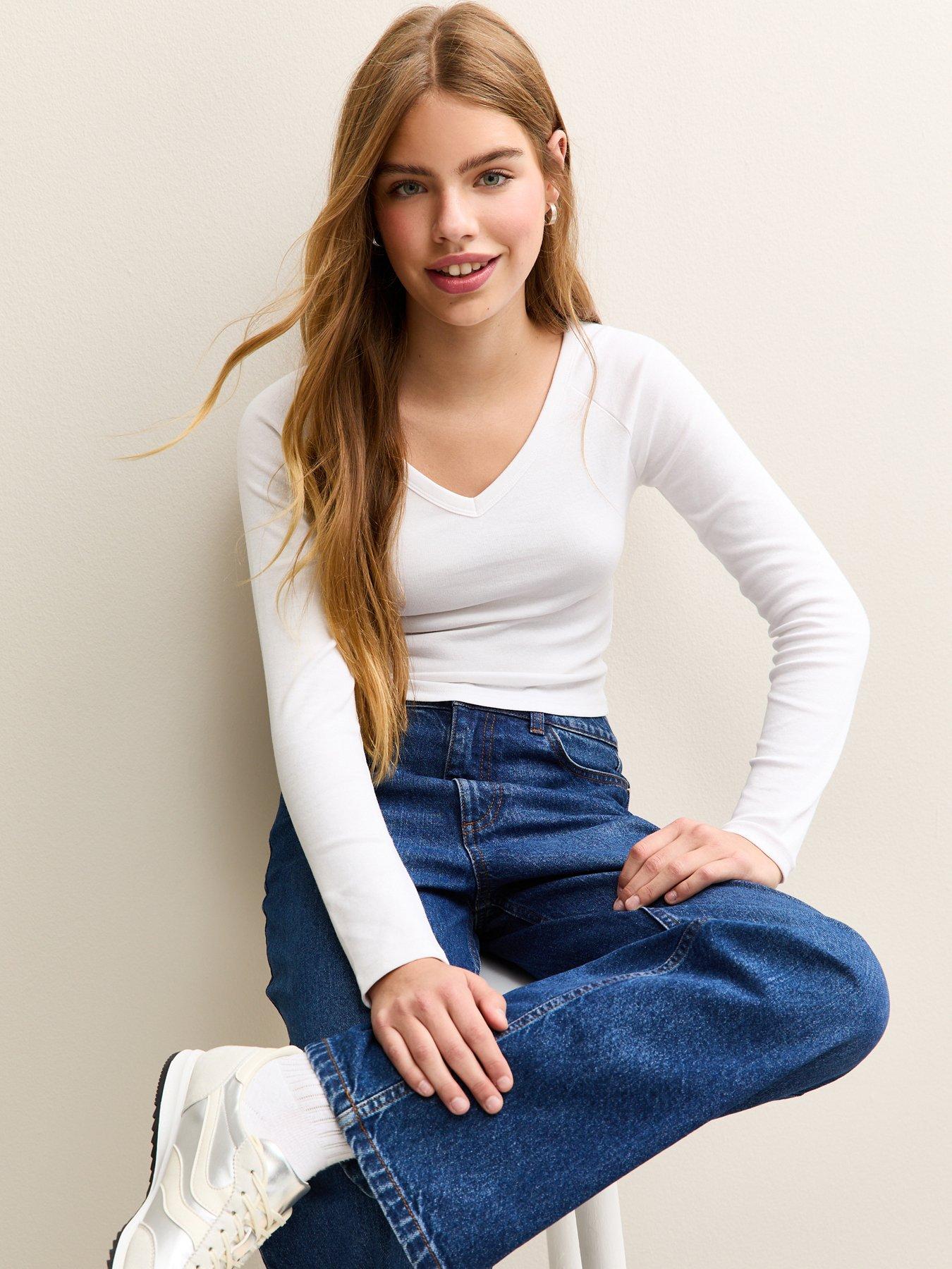 Image 1 of 5 of New Look 915 Girls V Neck Long Sleeve Plain Top - White