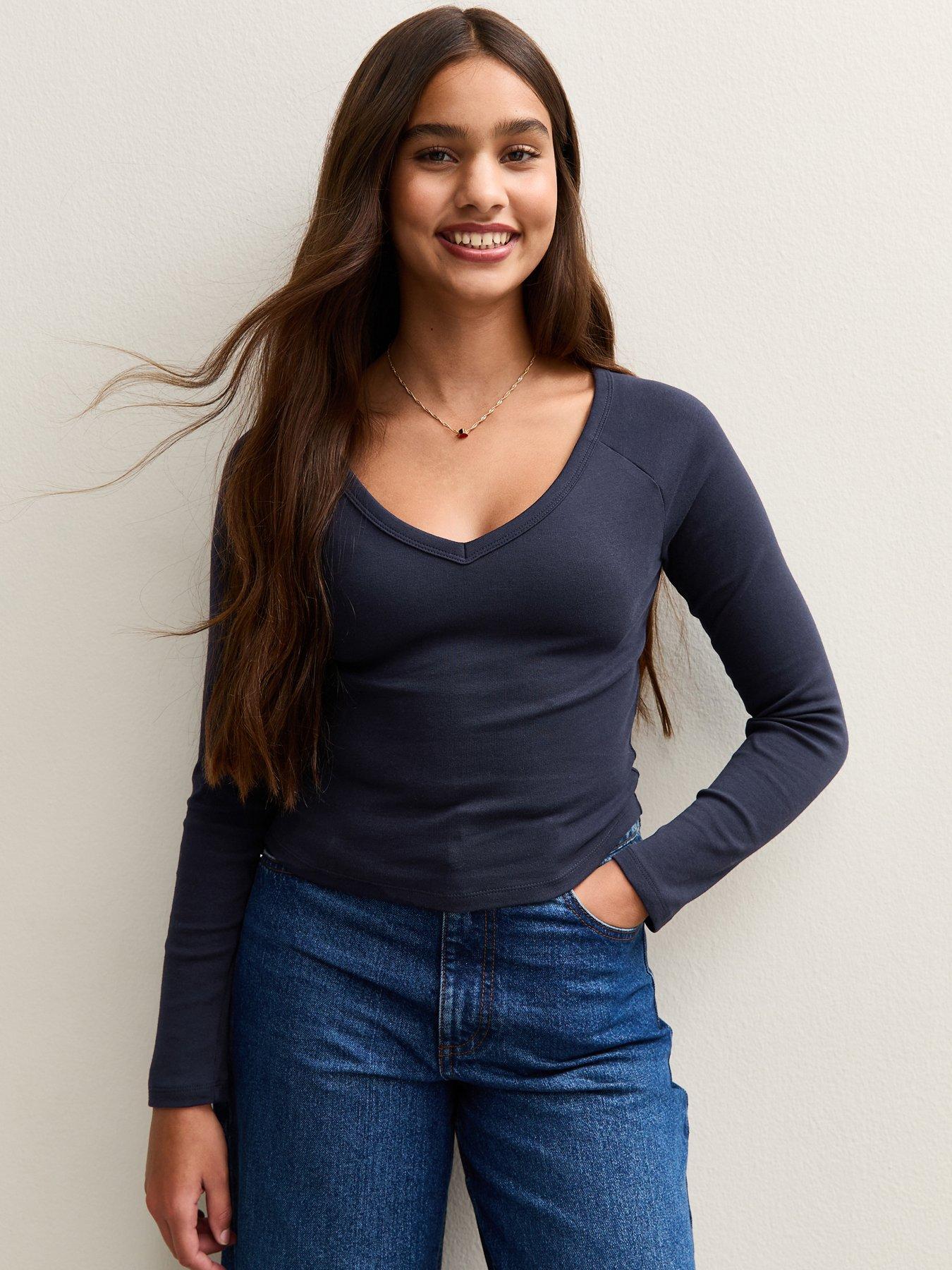 new-look-915-girls-v-neck-long-sleeve-top-navy