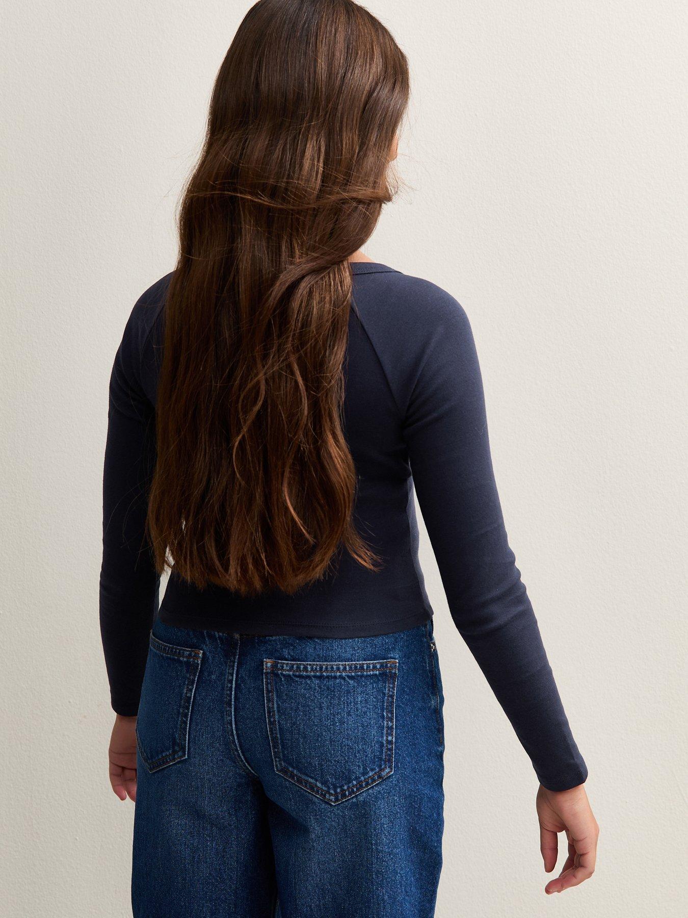  image of new-look-915-girls-v-neck-long-sleeve-top-navy
