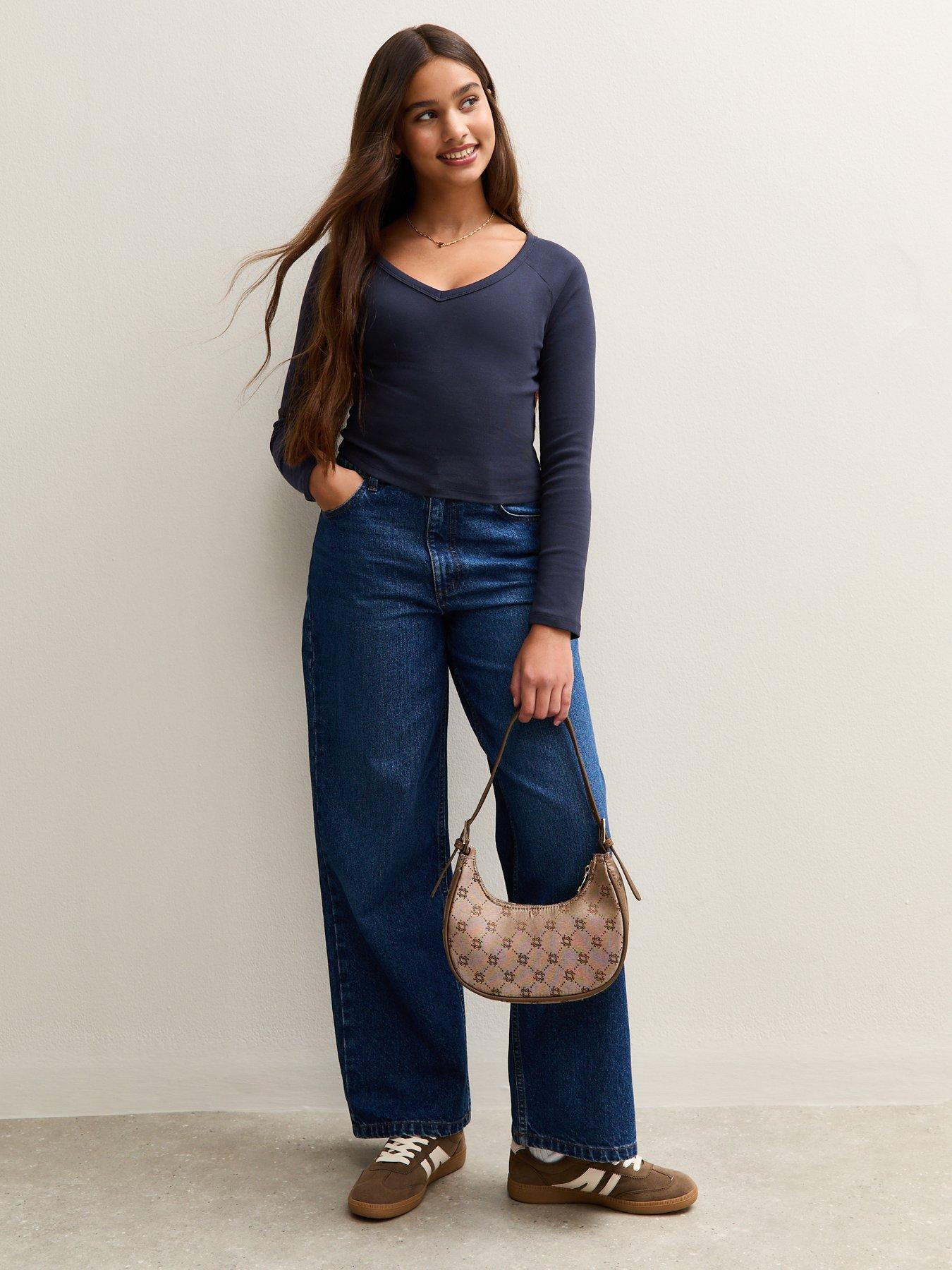  image of new-look-915-girls-v-neck-long-sleeve-top-navy