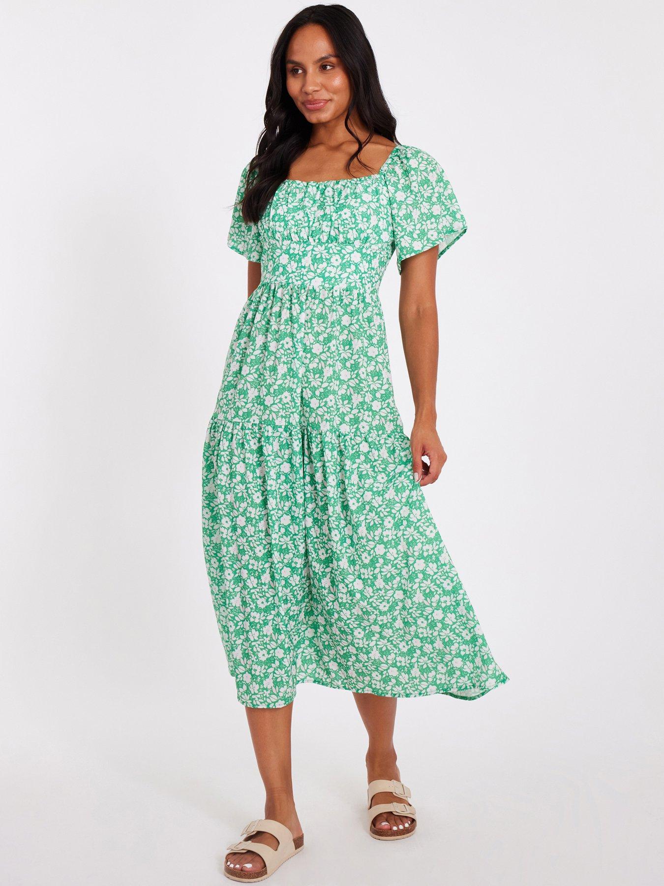 Image 1 of 6 of Quiz Green Floral Print Midi Dress