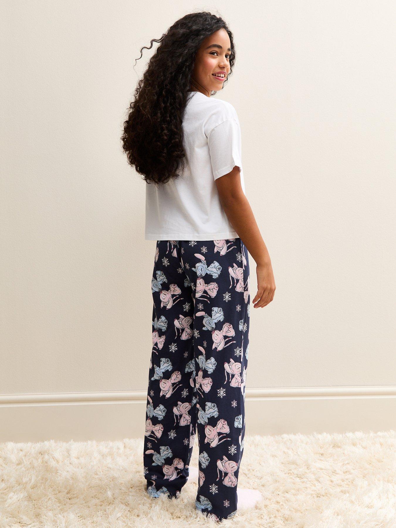 Image 2 of 5 of New Look 915 Girls Navy Disney Angel And Stitch T-Shirt And Trousers Christmas Pyjama Set - White