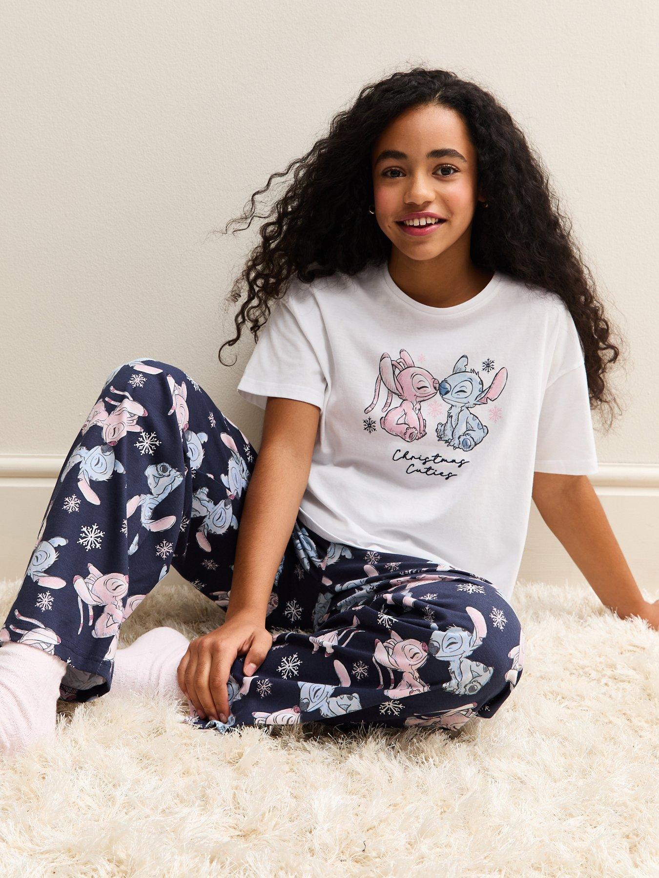 Image 3 of 5 of New Look 915 Girls Navy Disney Angel And Stitch T-Shirt And Trousers Christmas Pyjama Set - White