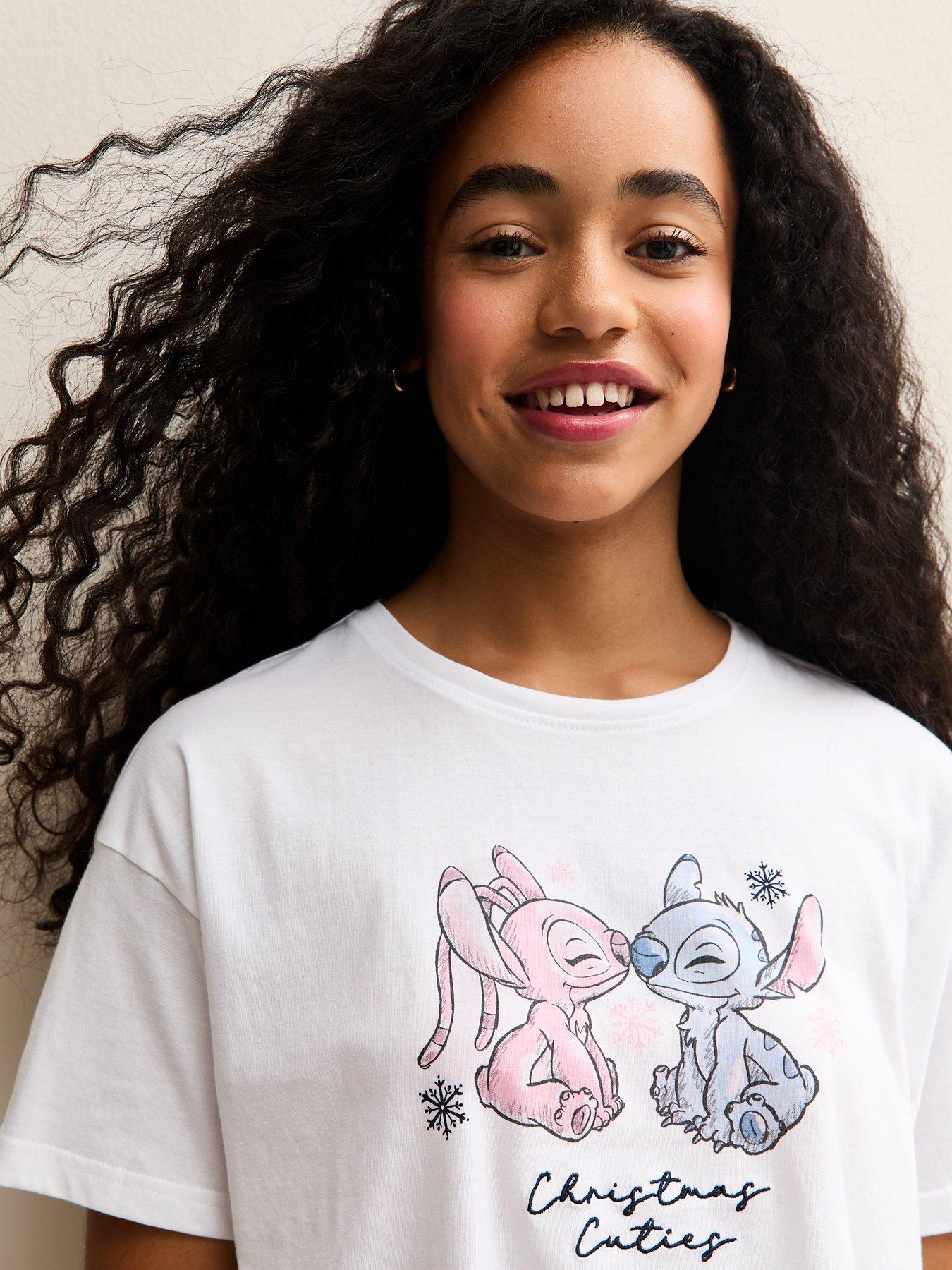 Image 4 of 5 of New Look 915 Girls Navy Disney Angel And Stitch T-Shirt And Trousers Christmas Pyjama Set - White