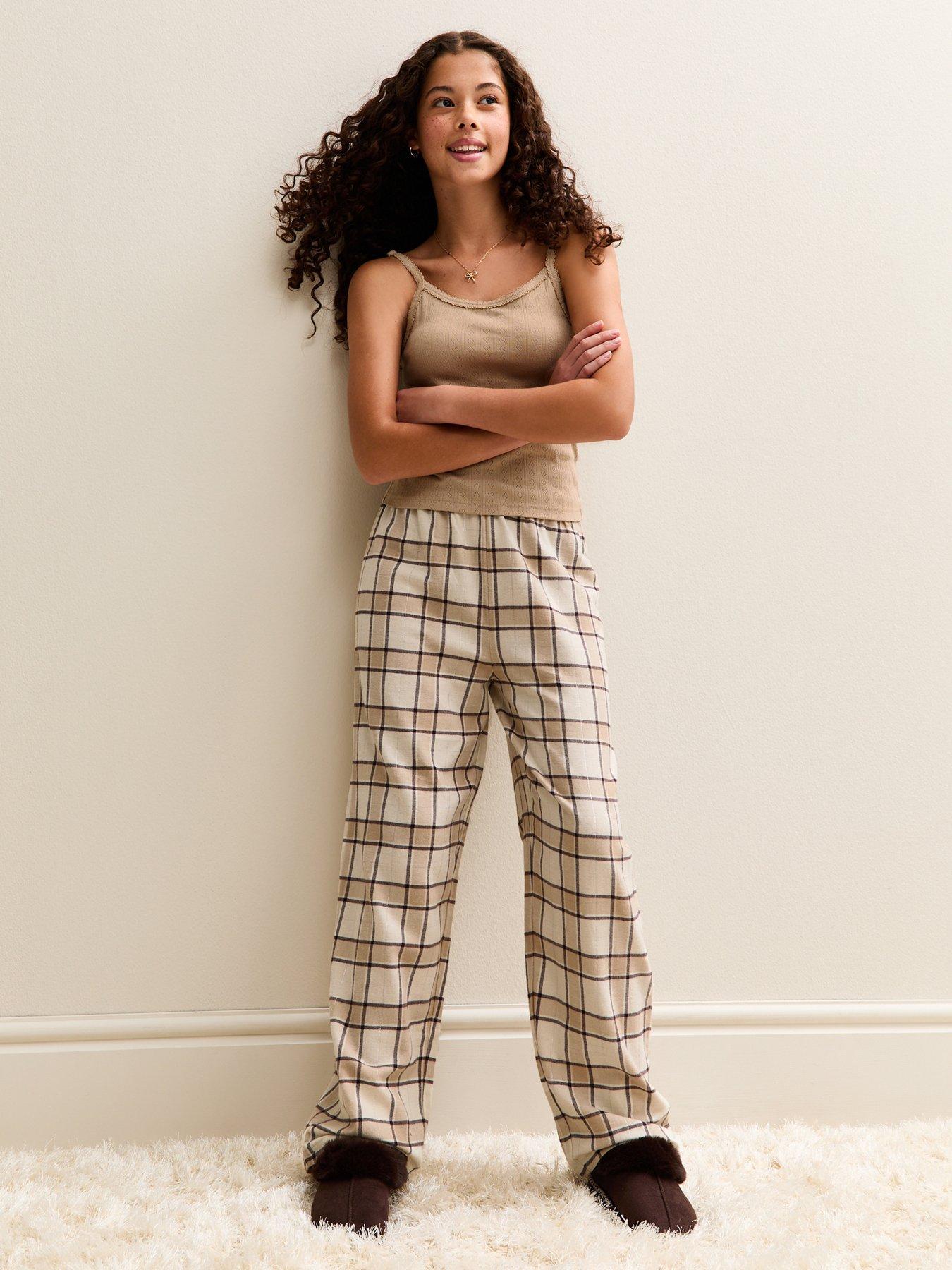  image of new-look-915-girls-patterned-cami-and-check-trousers-pyjama-set-brown