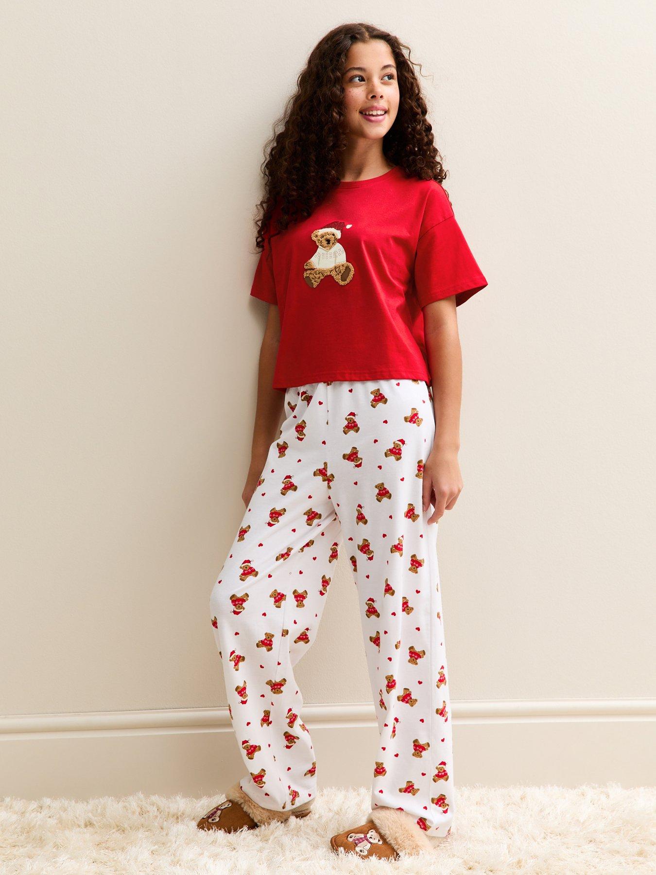 front image of new-look-915-girls-teddy-bear-t-shirt-and-trousers-pyjama-set-bright-red