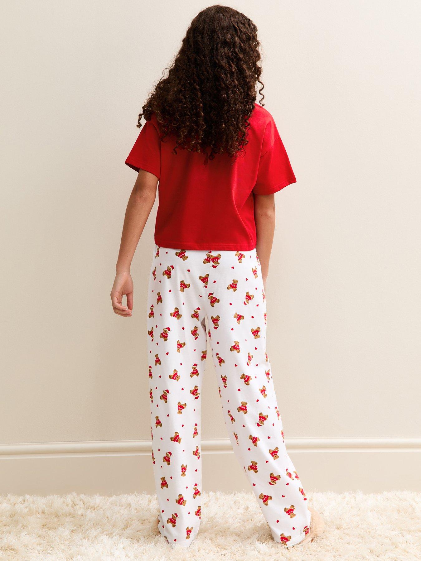 stillFront image of new-look-915-girls-teddy-bear-t-shirt-and-trousers-pyjama-set-bright-red