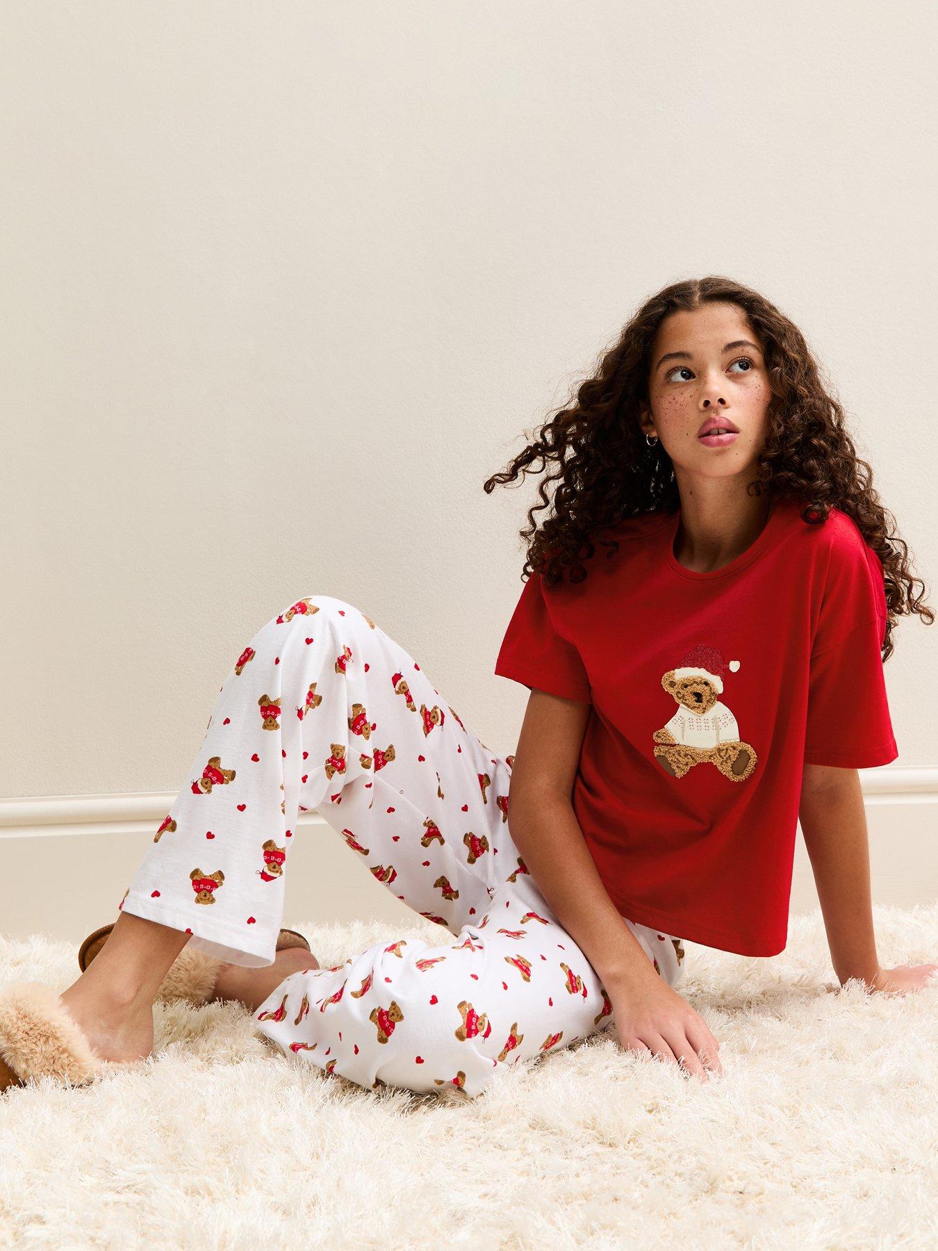  image of new-look-915-girls-teddy-bear-t-shirt-and-trousers-pyjama-set-bright-red