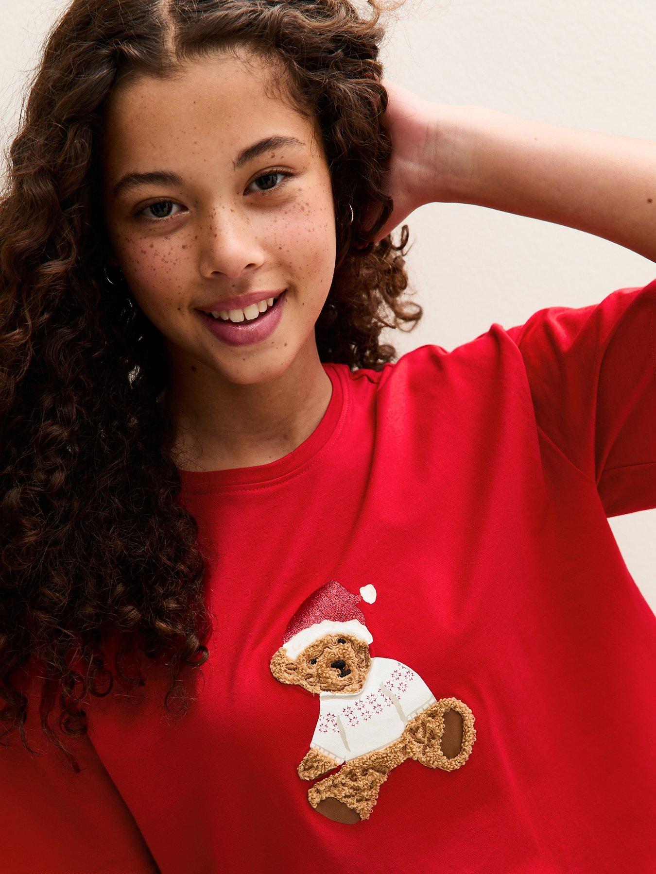  image of new-look-915-girls-teddy-bear-t-shirt-and-trousers-pyjama-set-bright-red