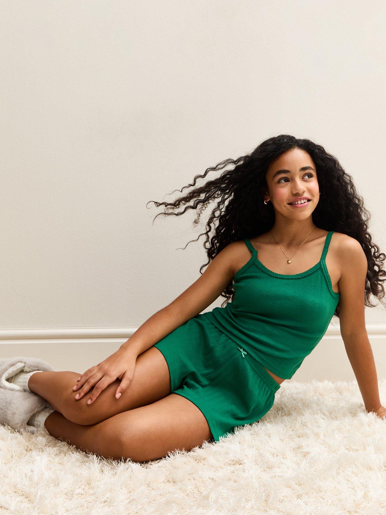  image of new-look-915-girls-pointelle-tank-top-and-shorts-pyjama-set-dark-green