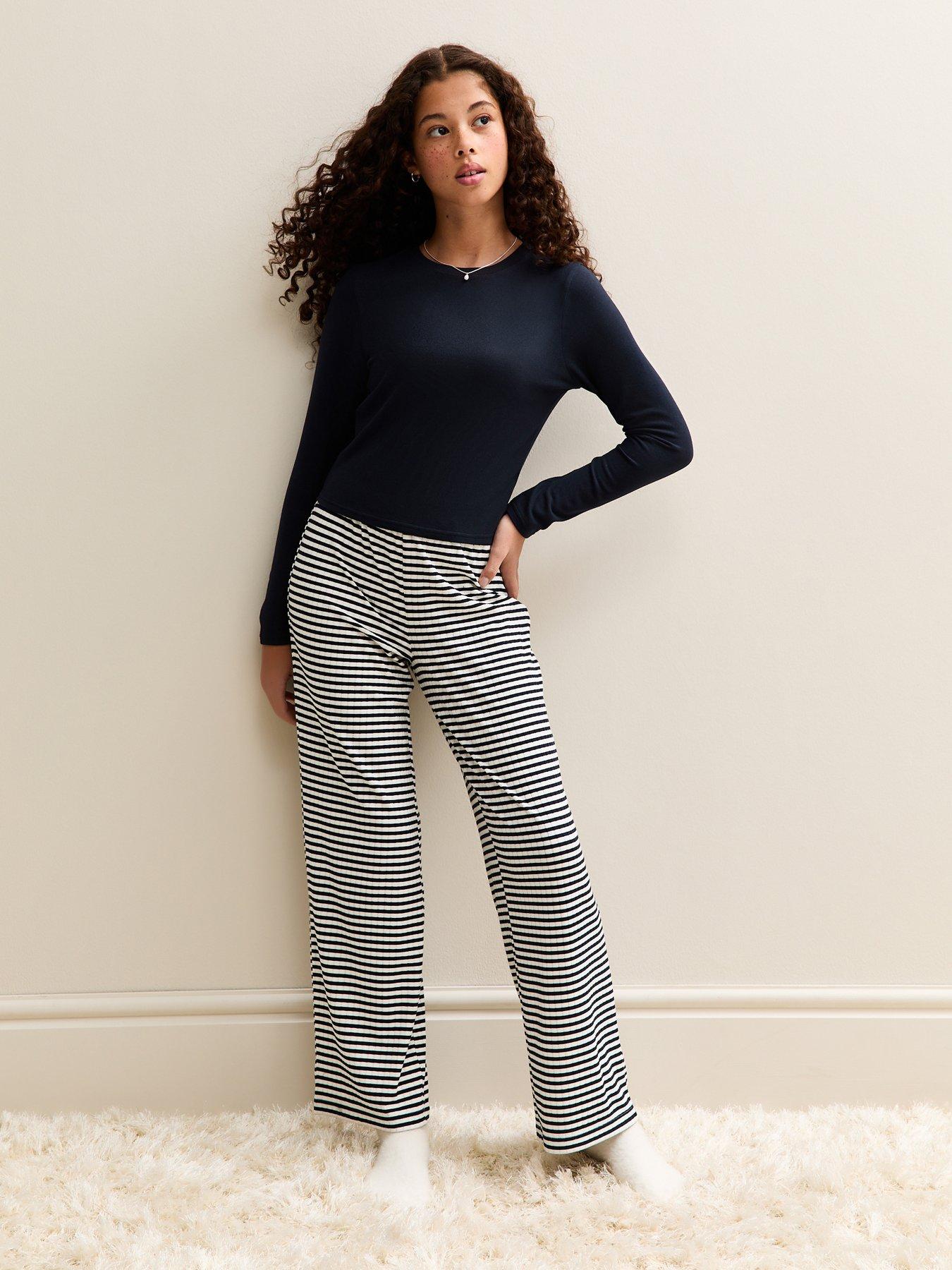  image of new-look-915-girls-long-sleeve-top-and-striped-trousers-pyjamas-set-navy