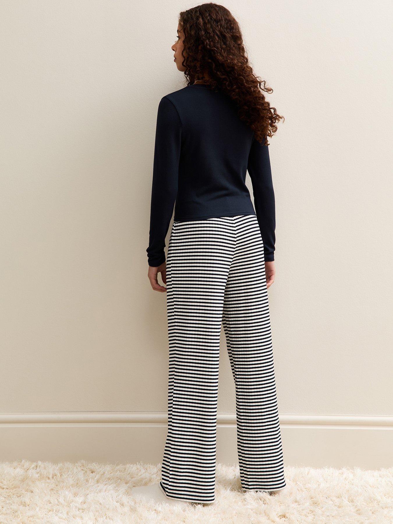  image of new-look-915-girls-long-sleeve-top-and-striped-trousers-pyjamas-set-navy