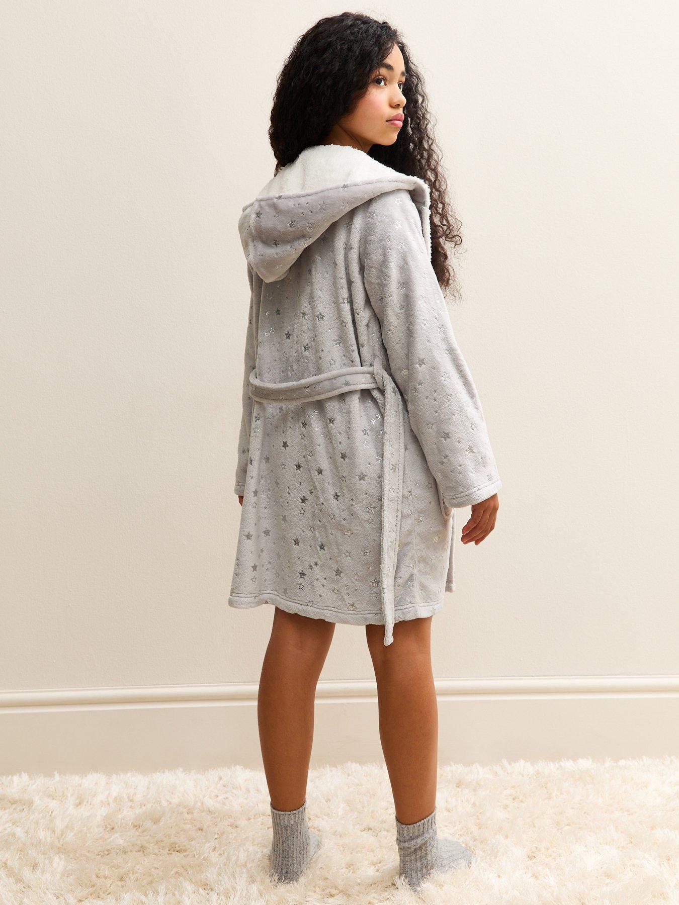 stillFront image of new-look-915-girls-star-print-hooded-dressing-gown-light-grey