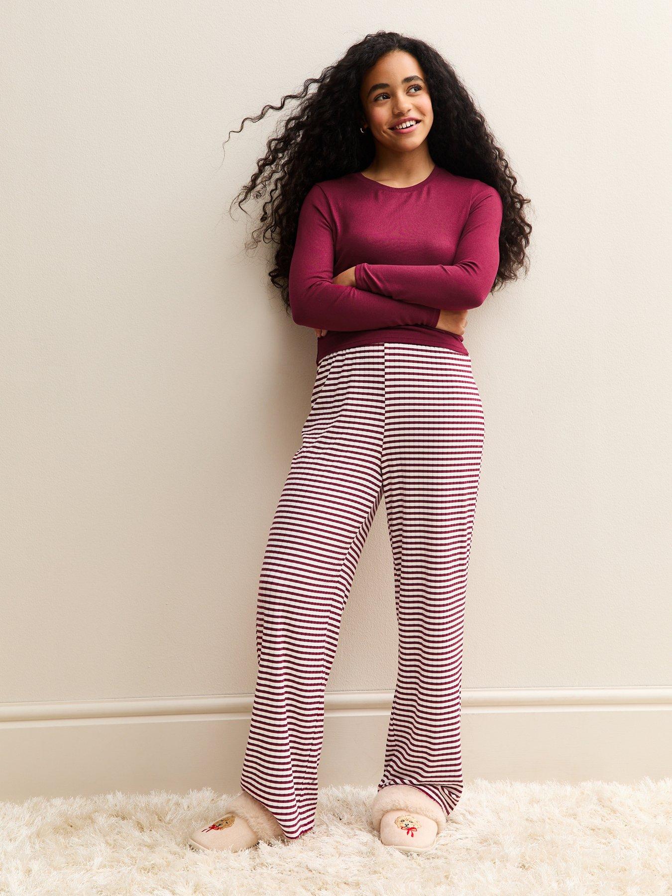  image of new-look-915-girls-long-sleeve-top-and-striped-trousers-pyjamas-set-dark-burgundy